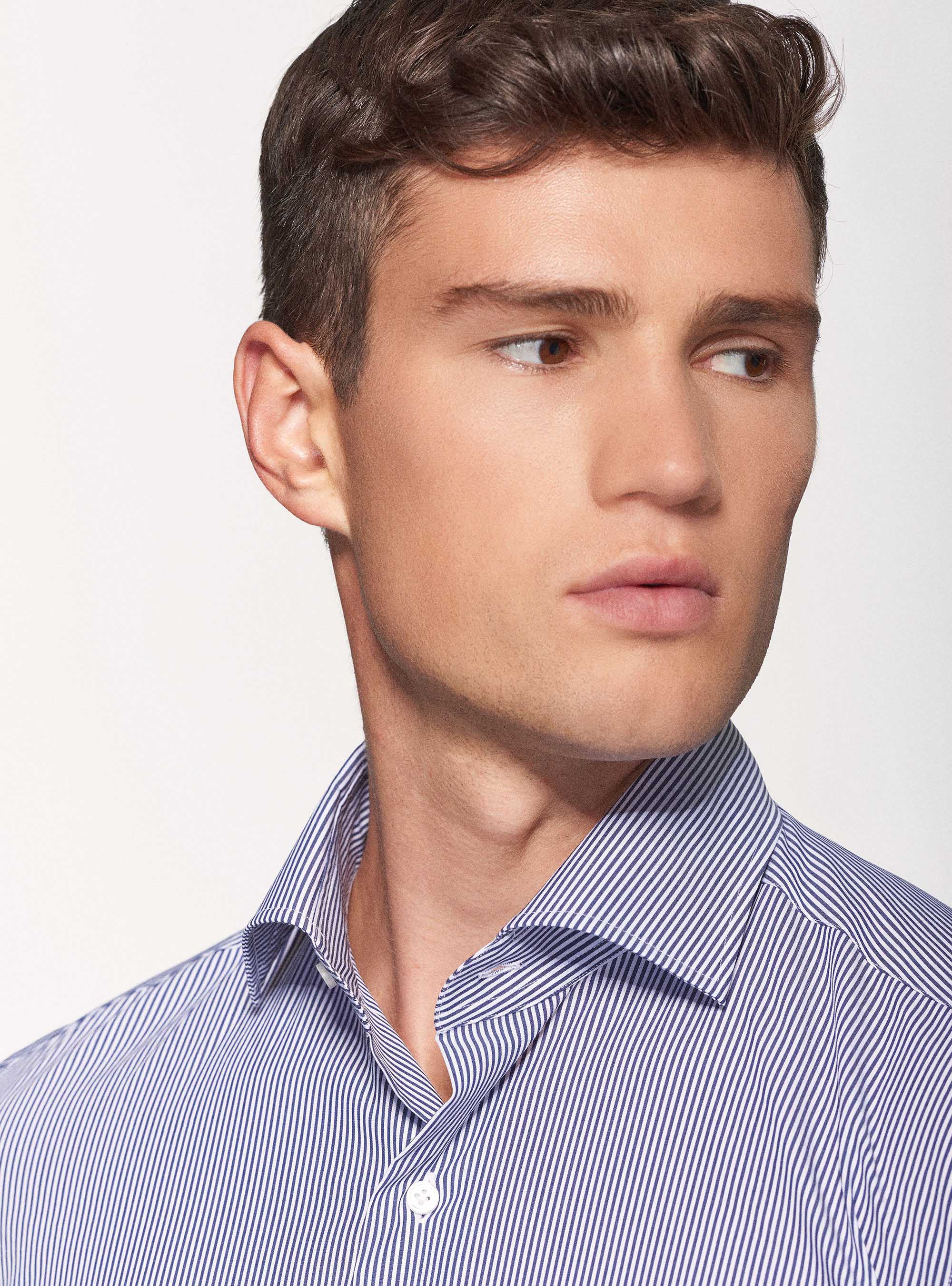 Camicia slim fit in popeline stretch rigato, BLU NAVY