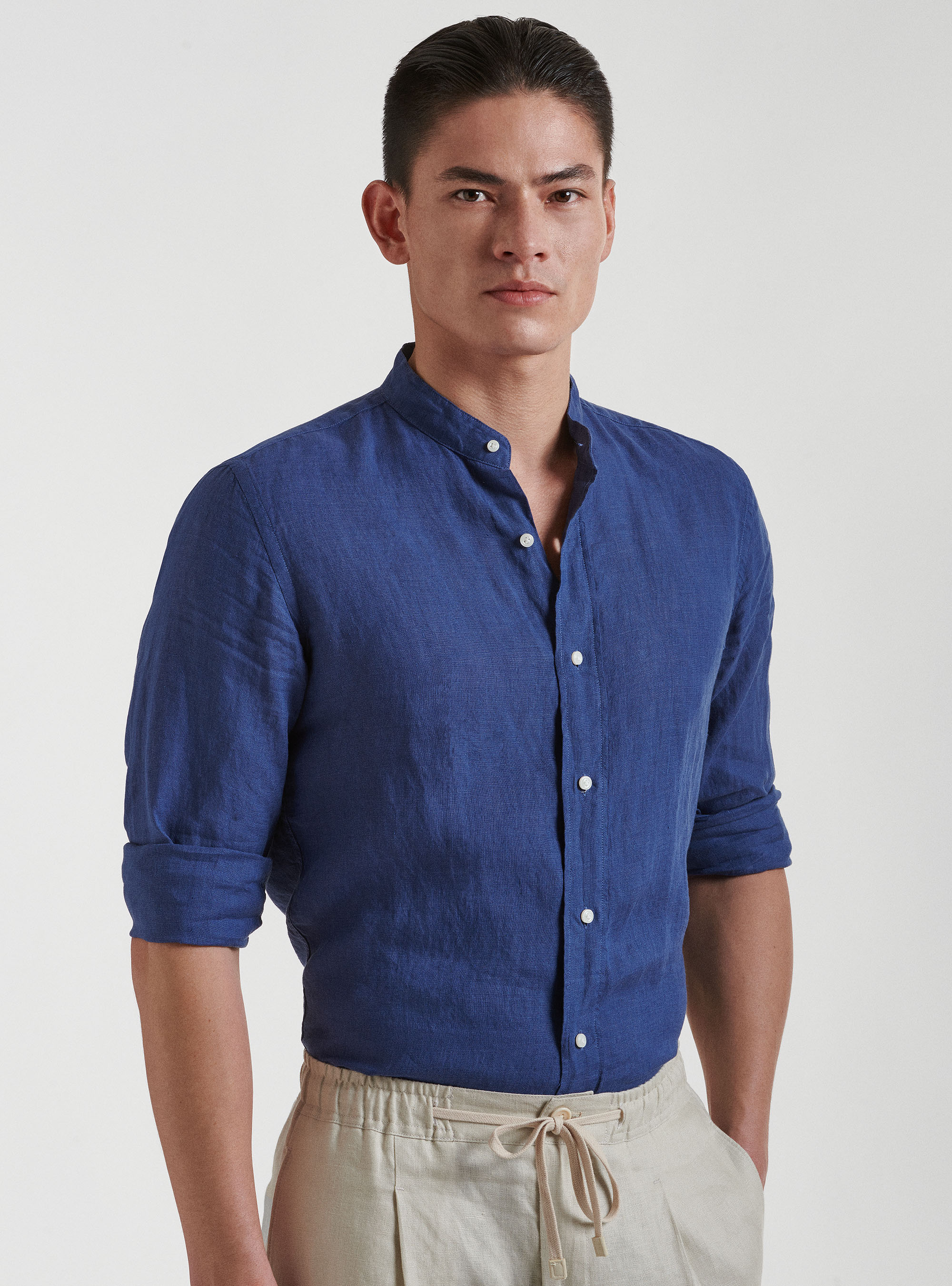 Pure linen Korean collar shirt, 0243C DENIM