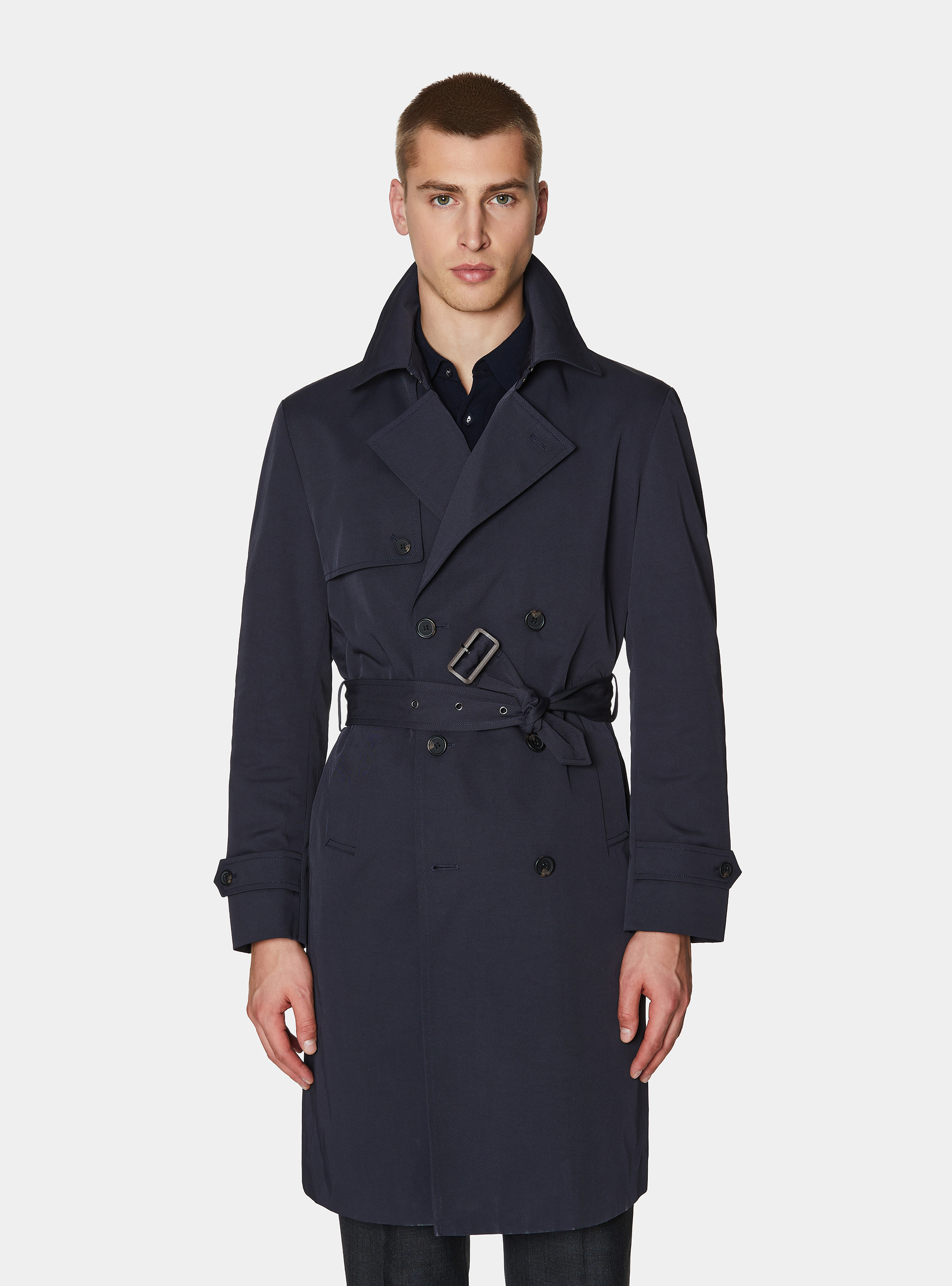 Trench doble botonadura de sarga de algod&oacute;n, AZUL MARINO