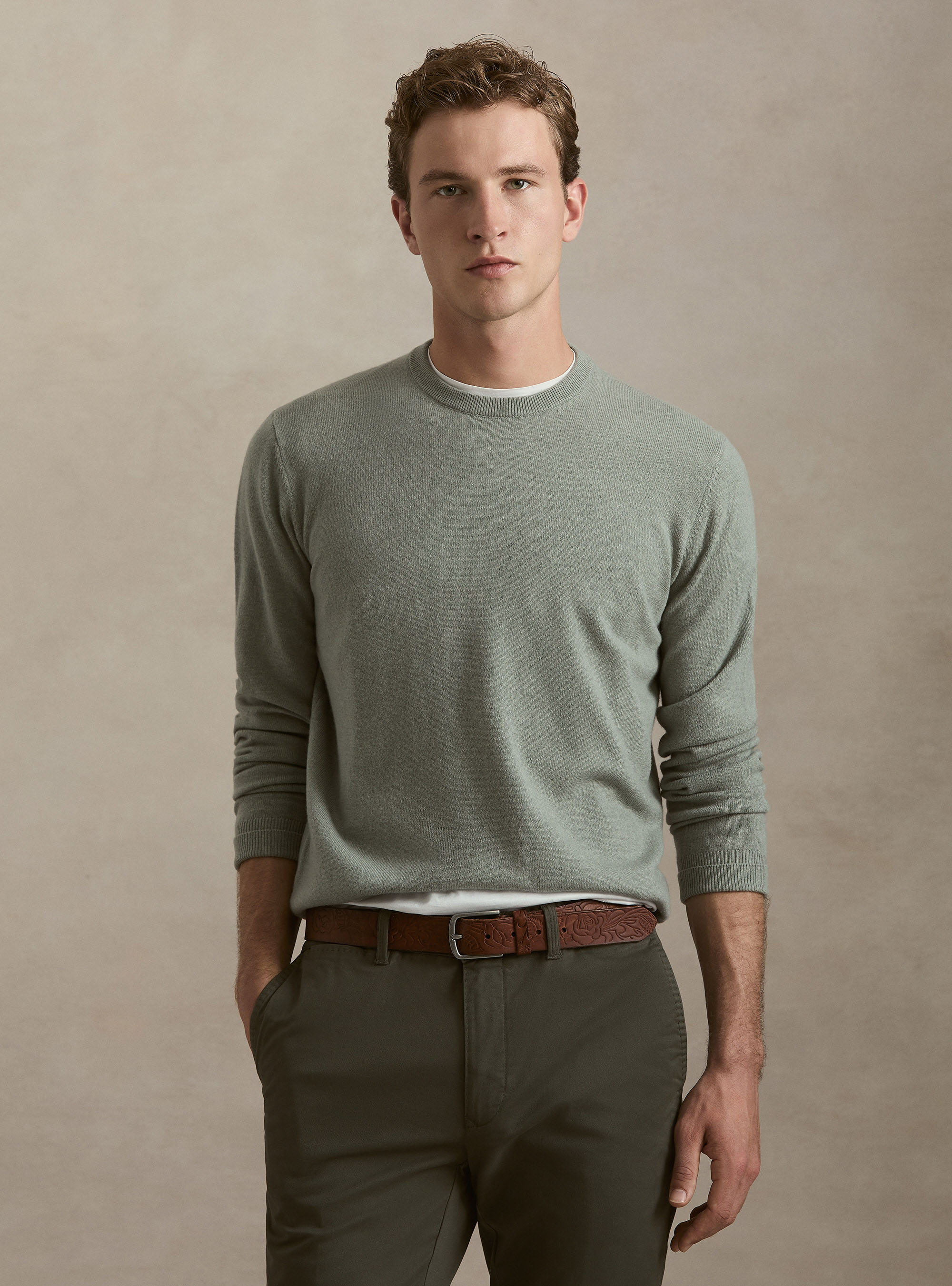 Lambswool and cashmere crewneck sweater, VERDE GIADA 0655C