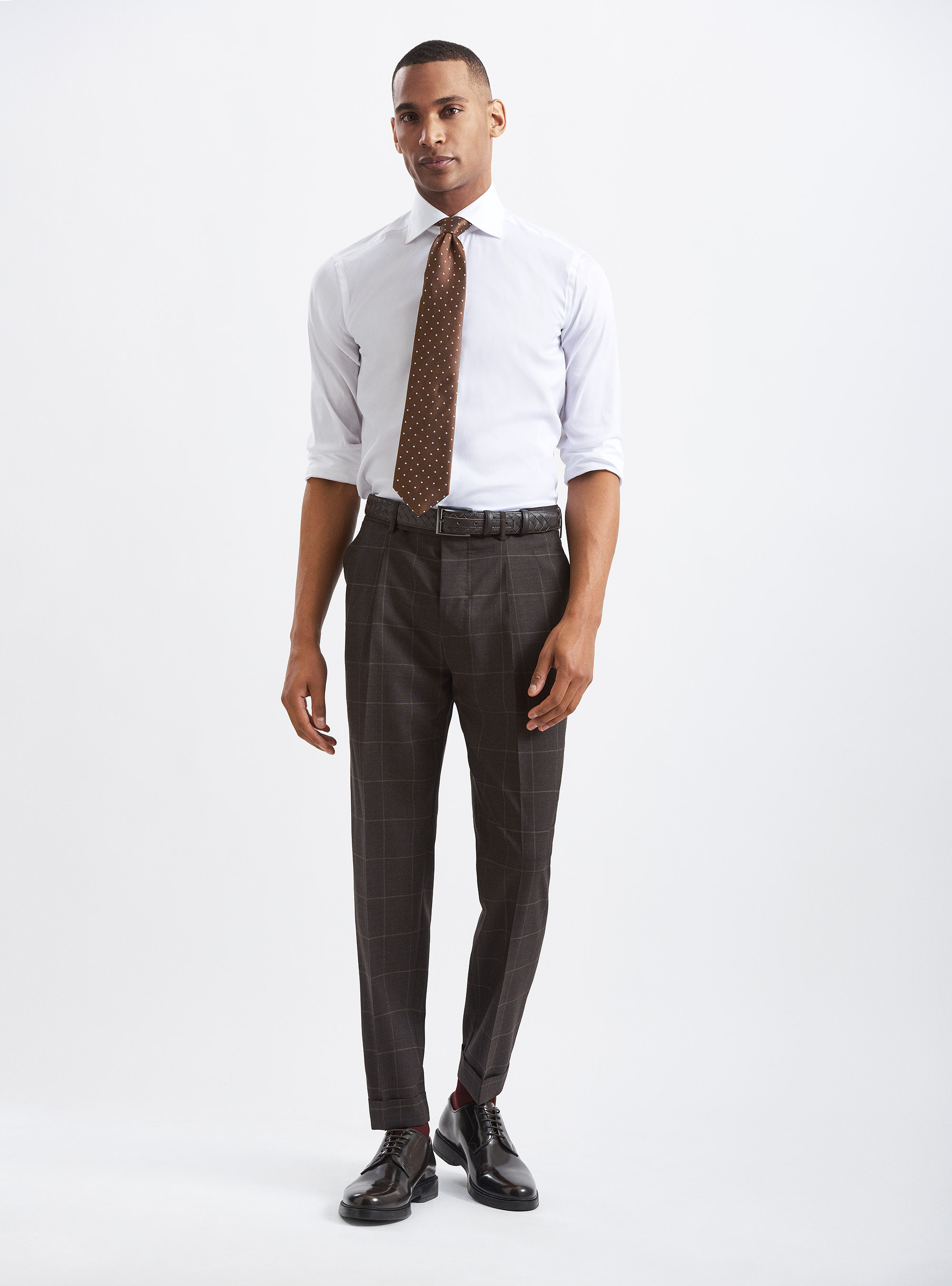 Pantaloni a quadri doppia pince in pura lana tessuto Vitale Barberis Canonico, MARRONE