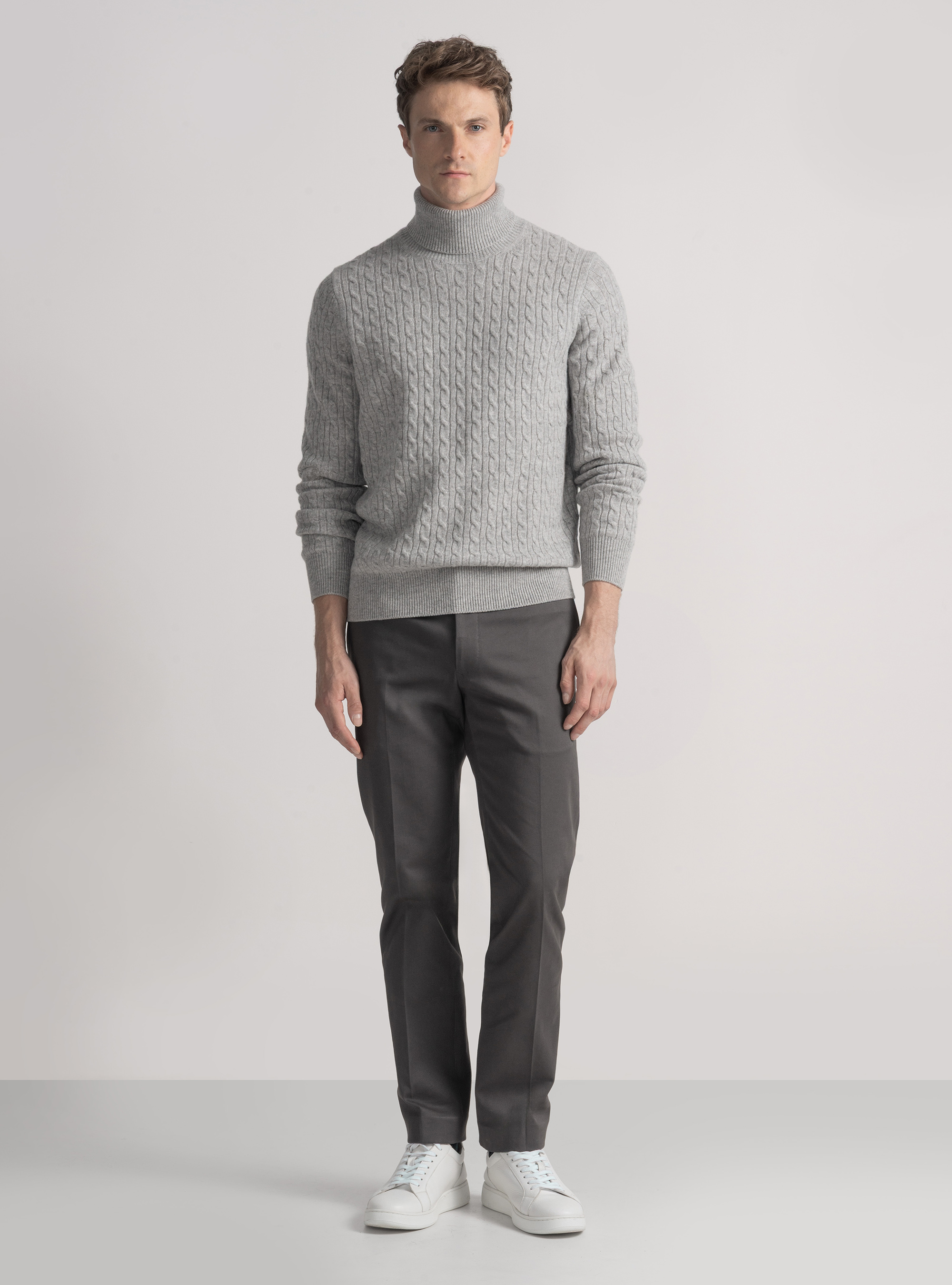 Turtleneck sweater with cashmere wool braid, LIGHT GREY MELANGE