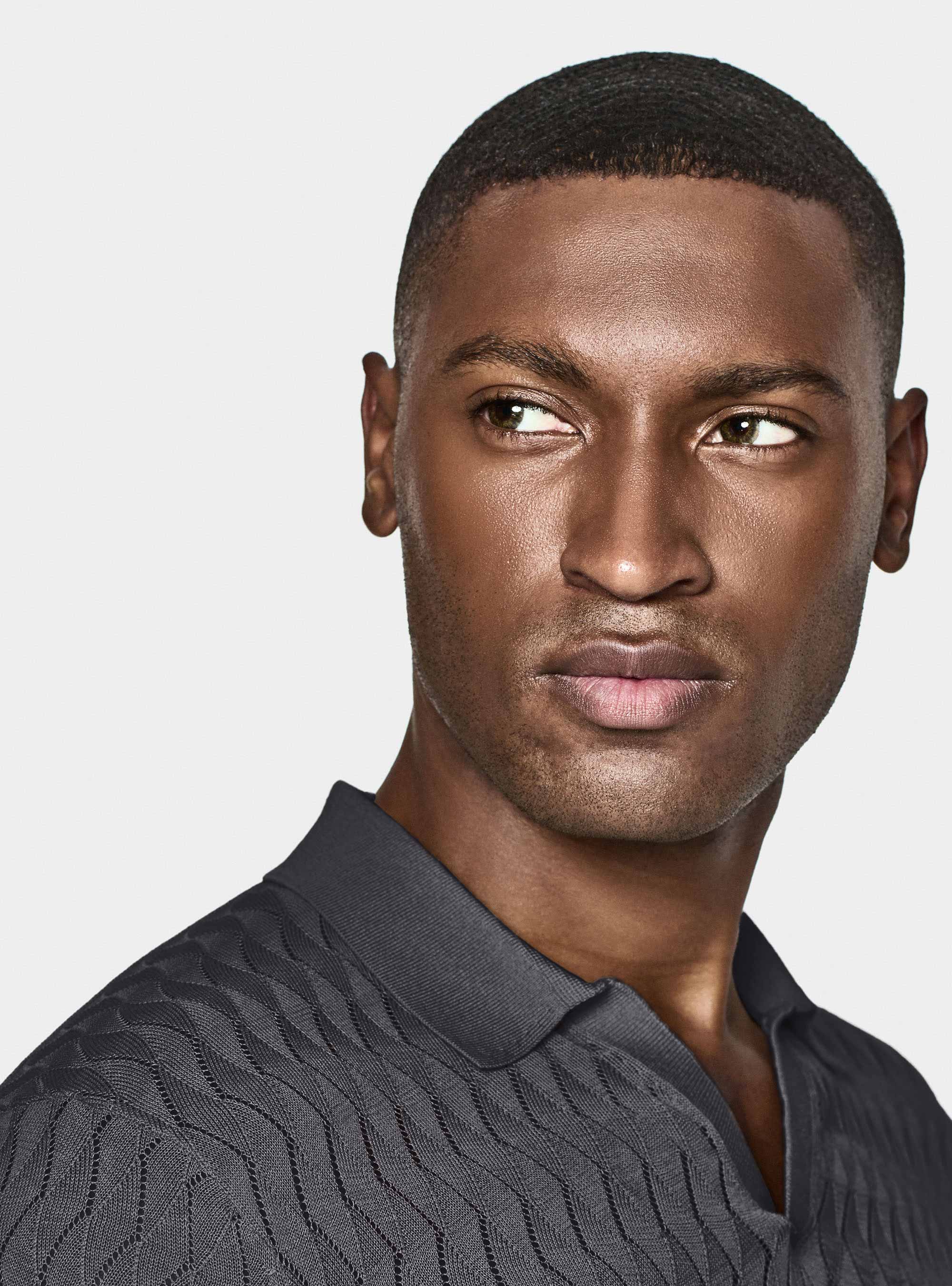 Polo in maglia traforata senza bottoni in cotone e seta, BLU NAVY