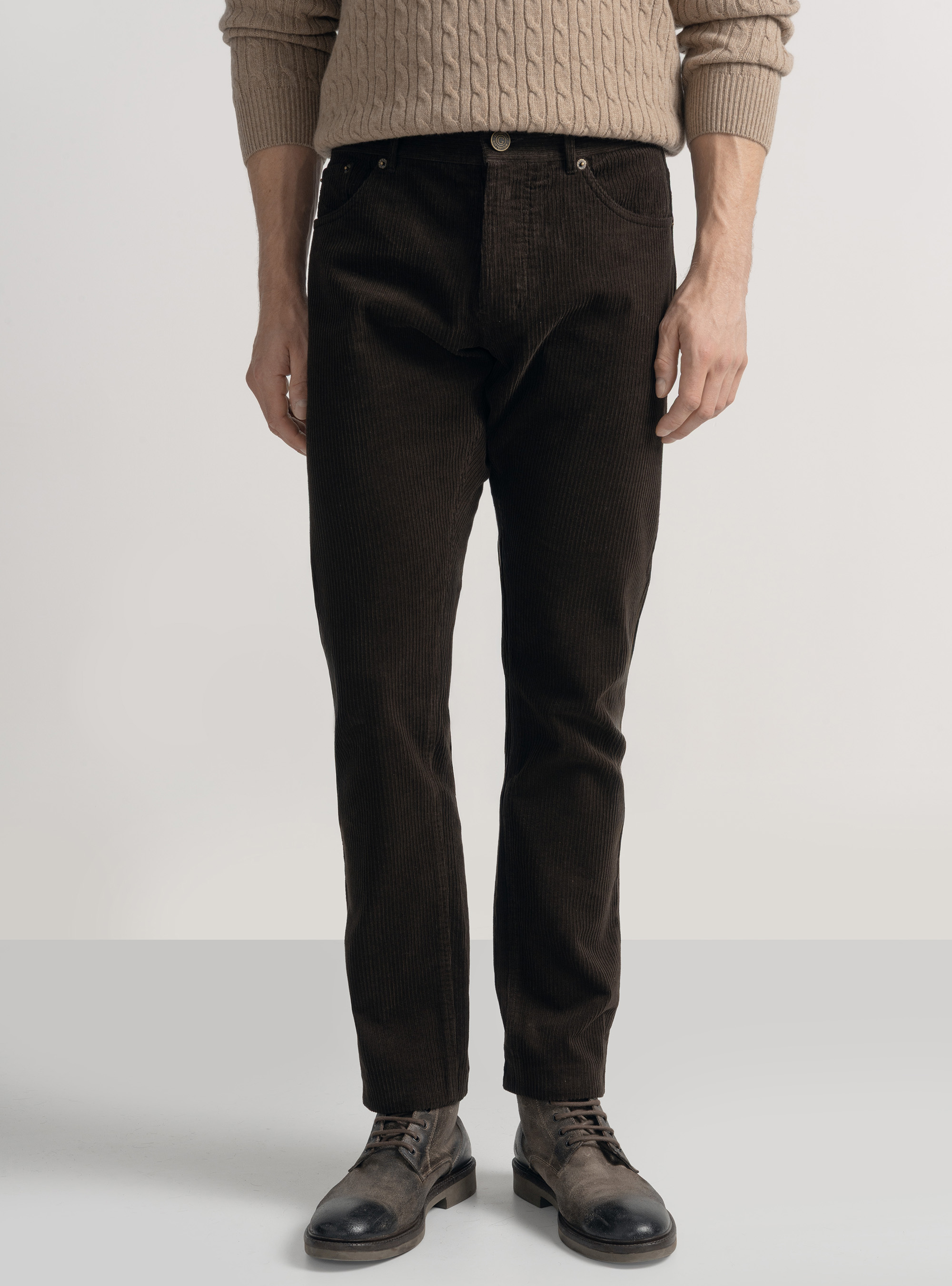 Pantaloni cinque tasche in velluto, MARRONE