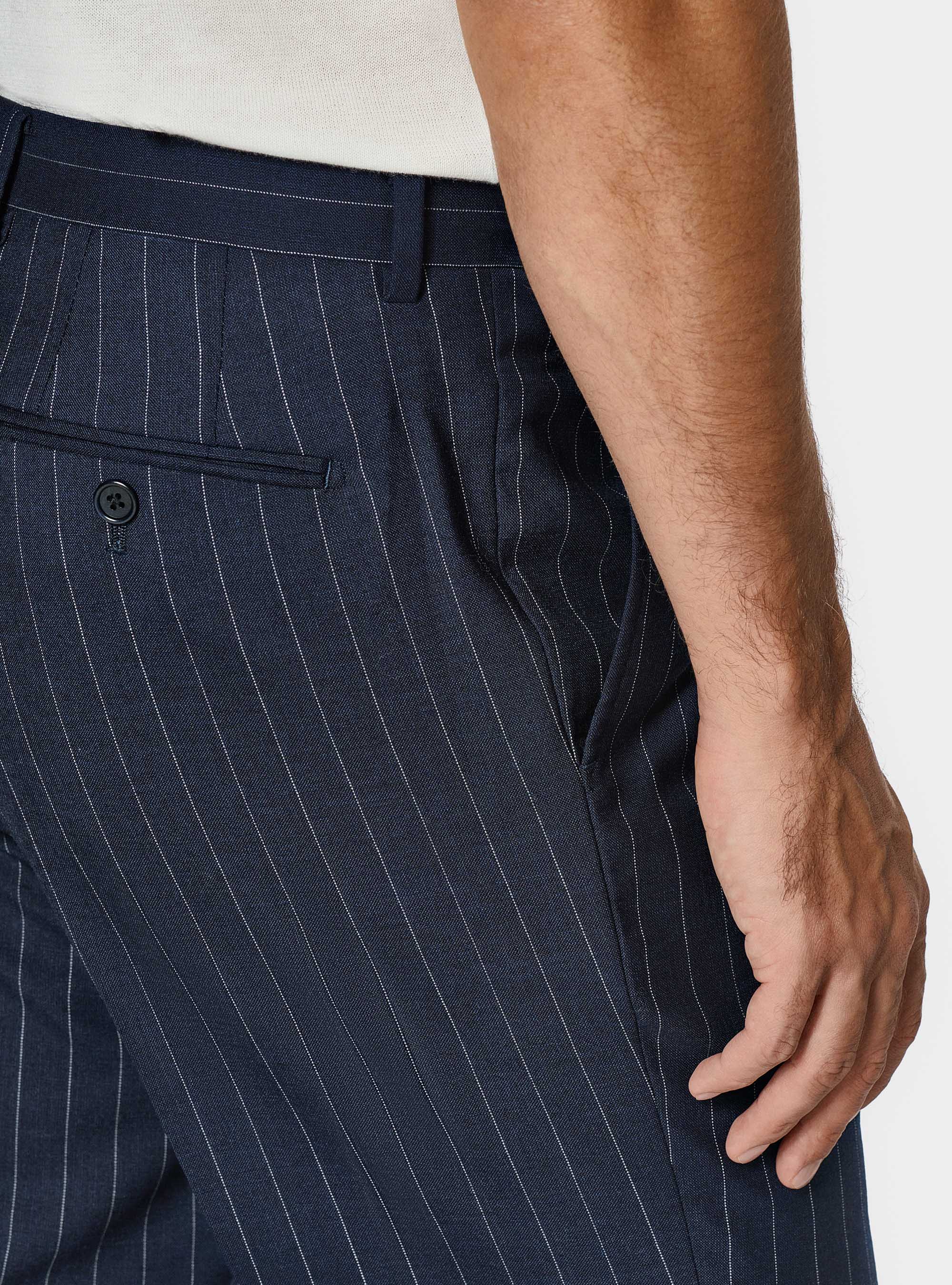 Pure wool pinstripe double-breasted suit trousers, NAVY BLUE