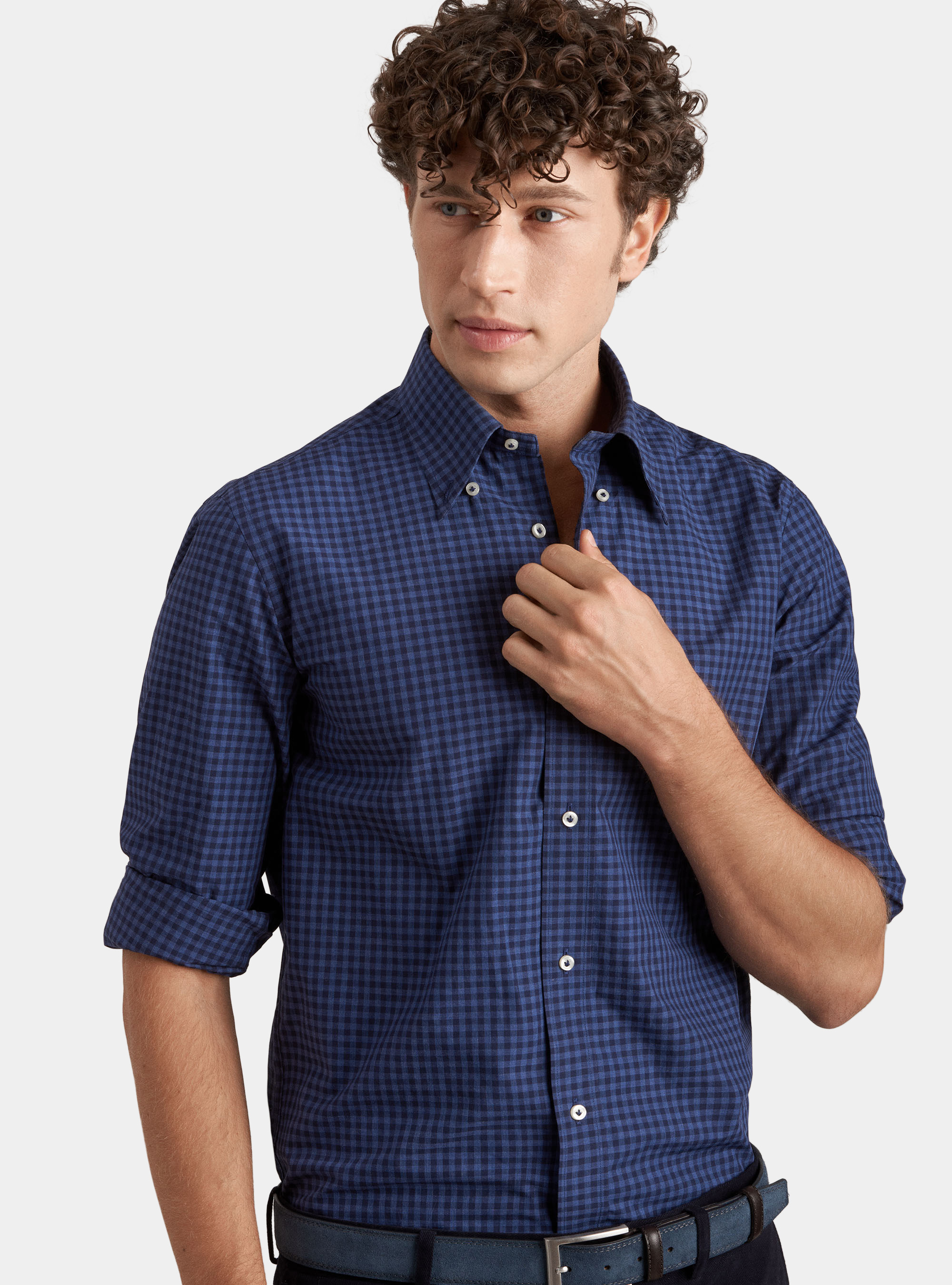 Camicia collo button down in cotone a quadri, BLU NAVY