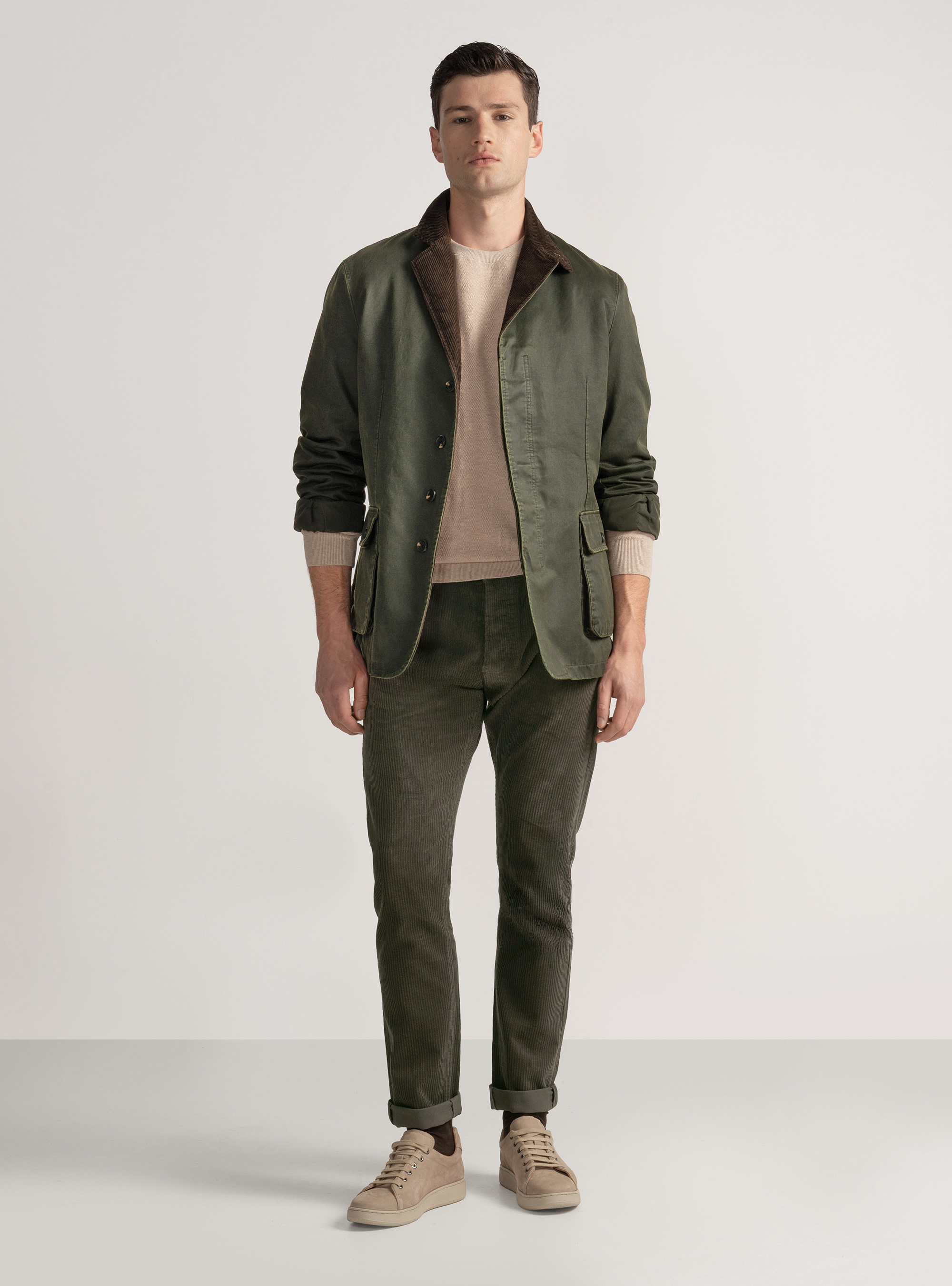 Chaqueta encerada en mezcla de algodón con detalles de terciopelo, VERDE