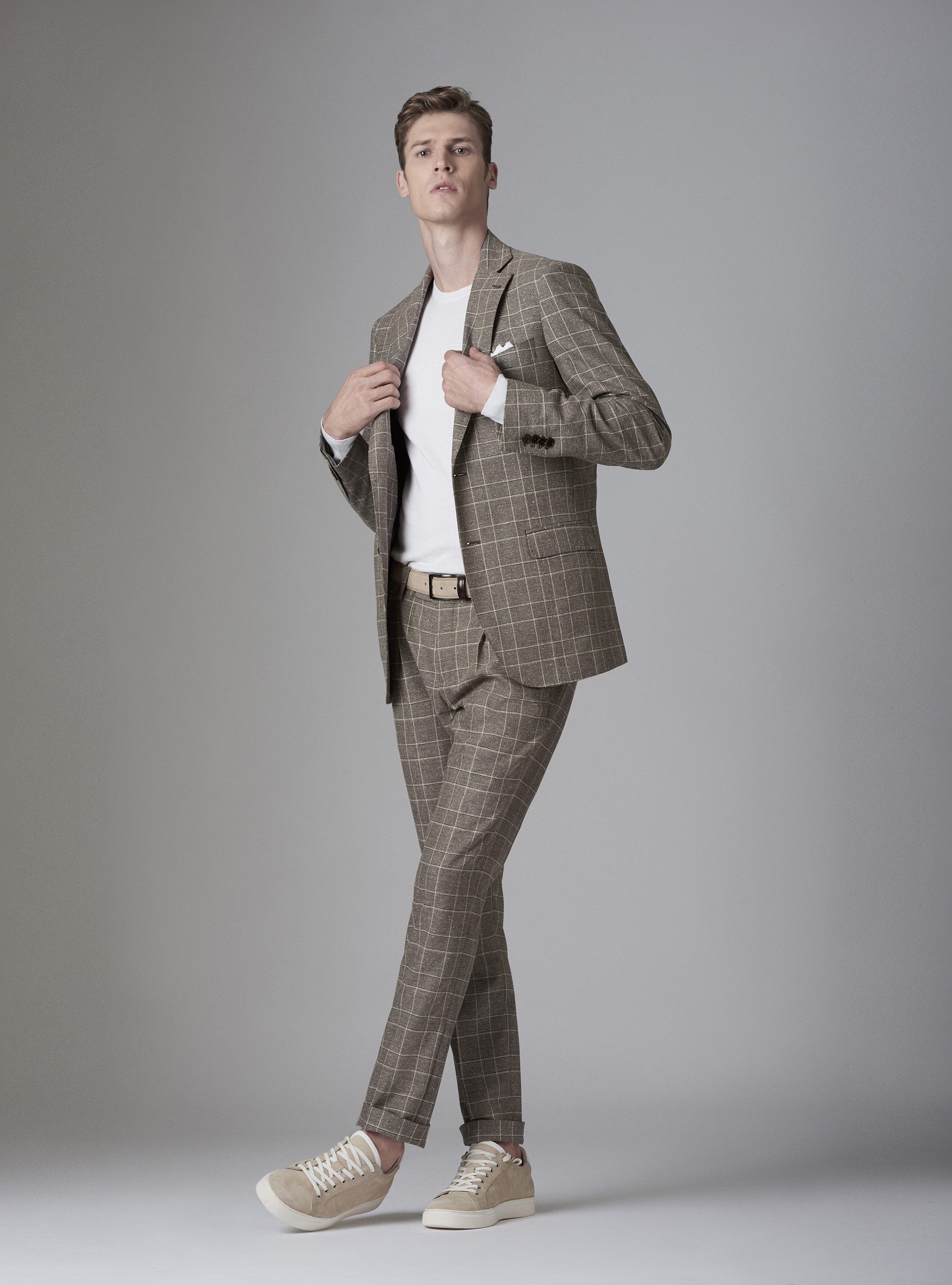 Abito ecru principe di Galles in lana e seta