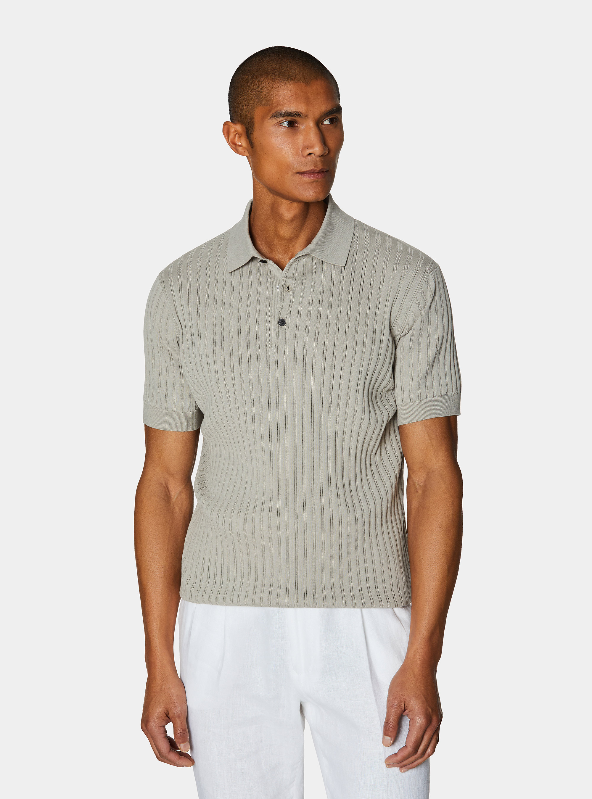 Extra-fine cotton knit polo shirt with openwork ribbing, SAND
