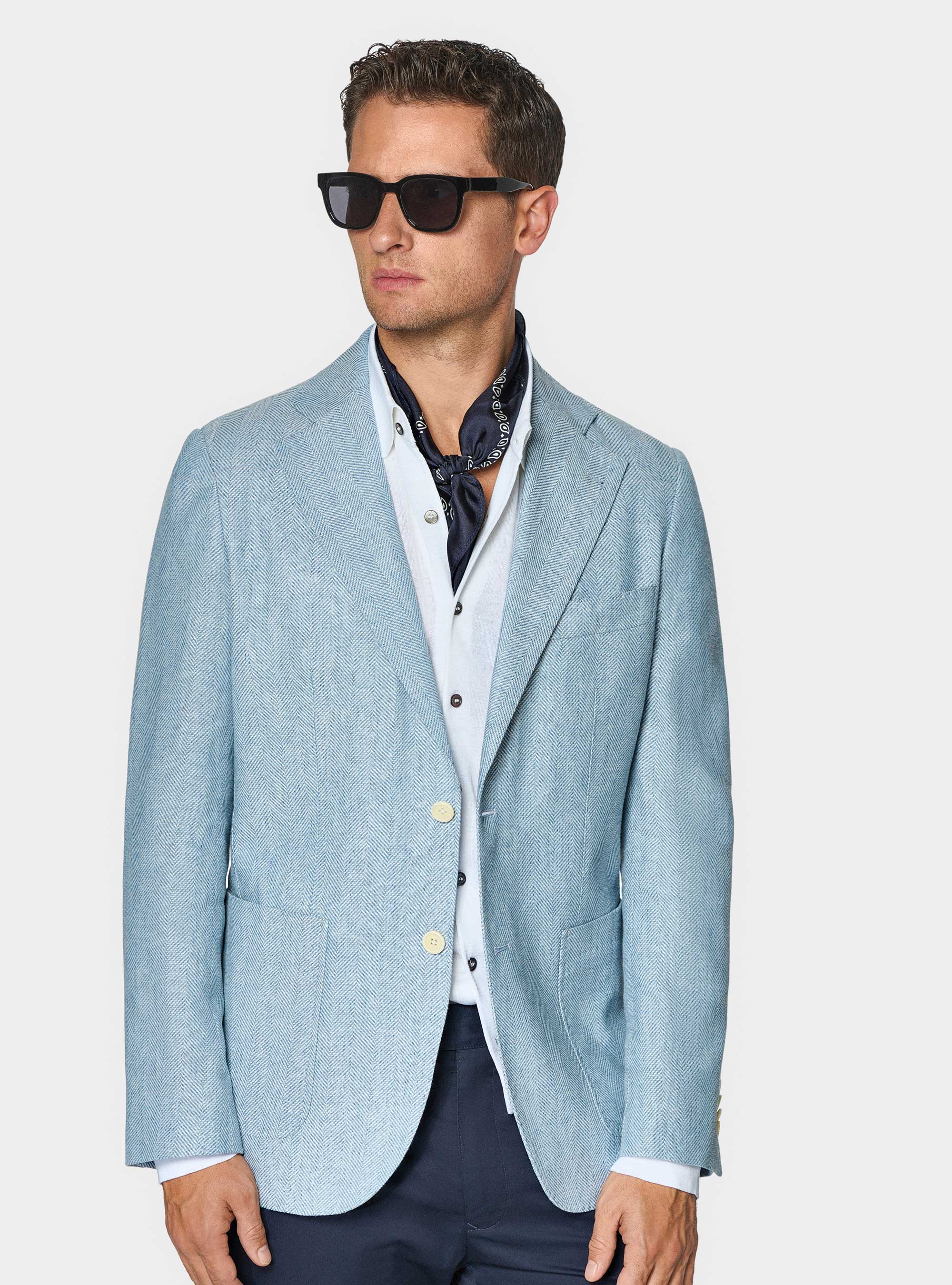 Giacca spigata in lino e cotone, AZZURRO