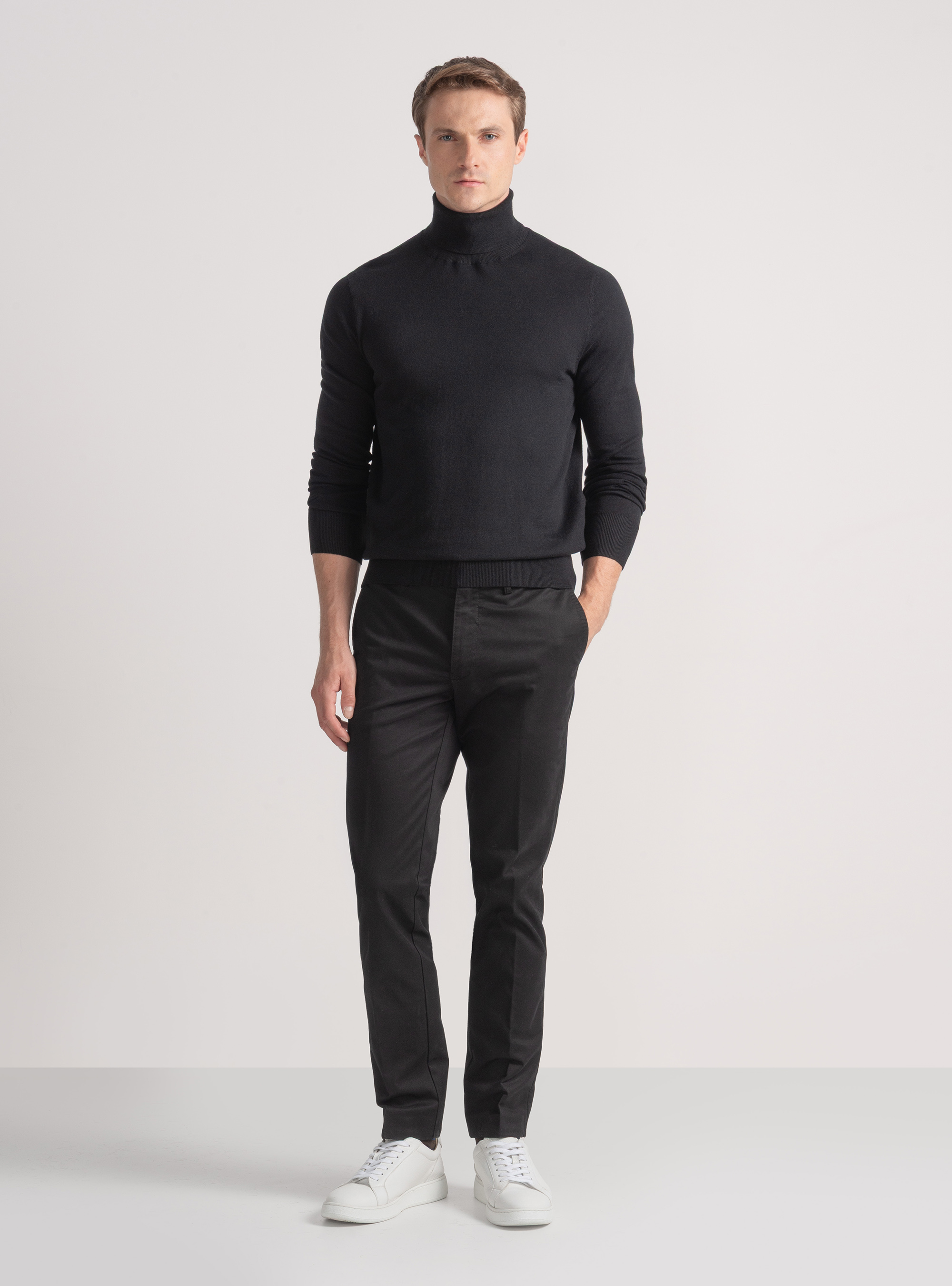 Silk and cashmere cotton turtleneck, BLACK