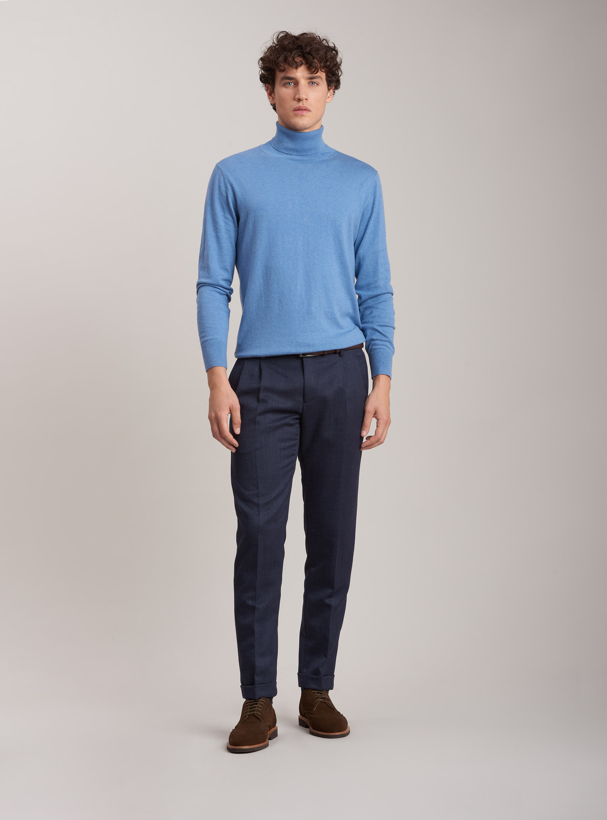 Jersey de cuello alto de algodón, seda y cachemira, CELESTE