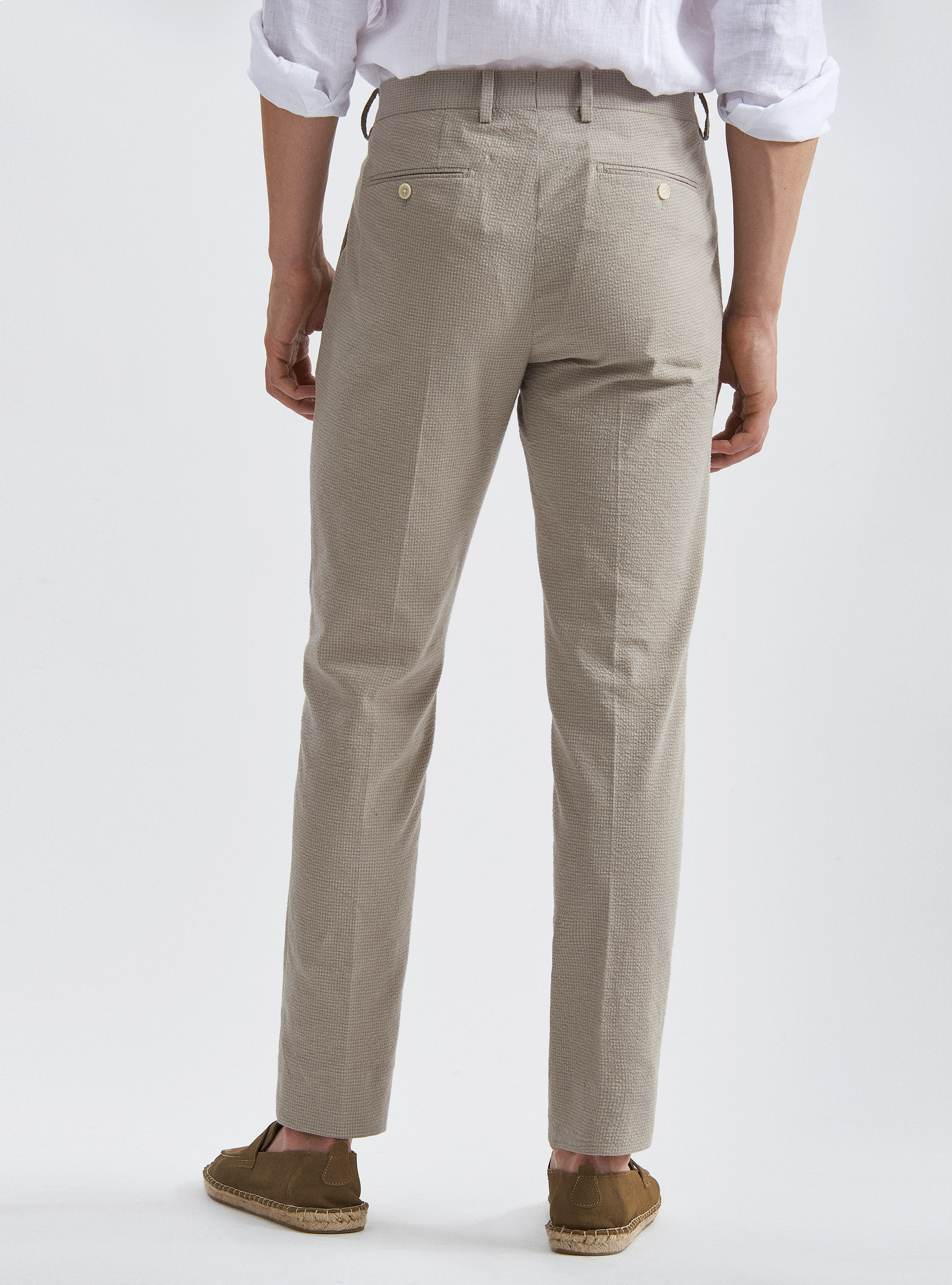 Pantaloni per abito in cotone seersucker, SABBIA