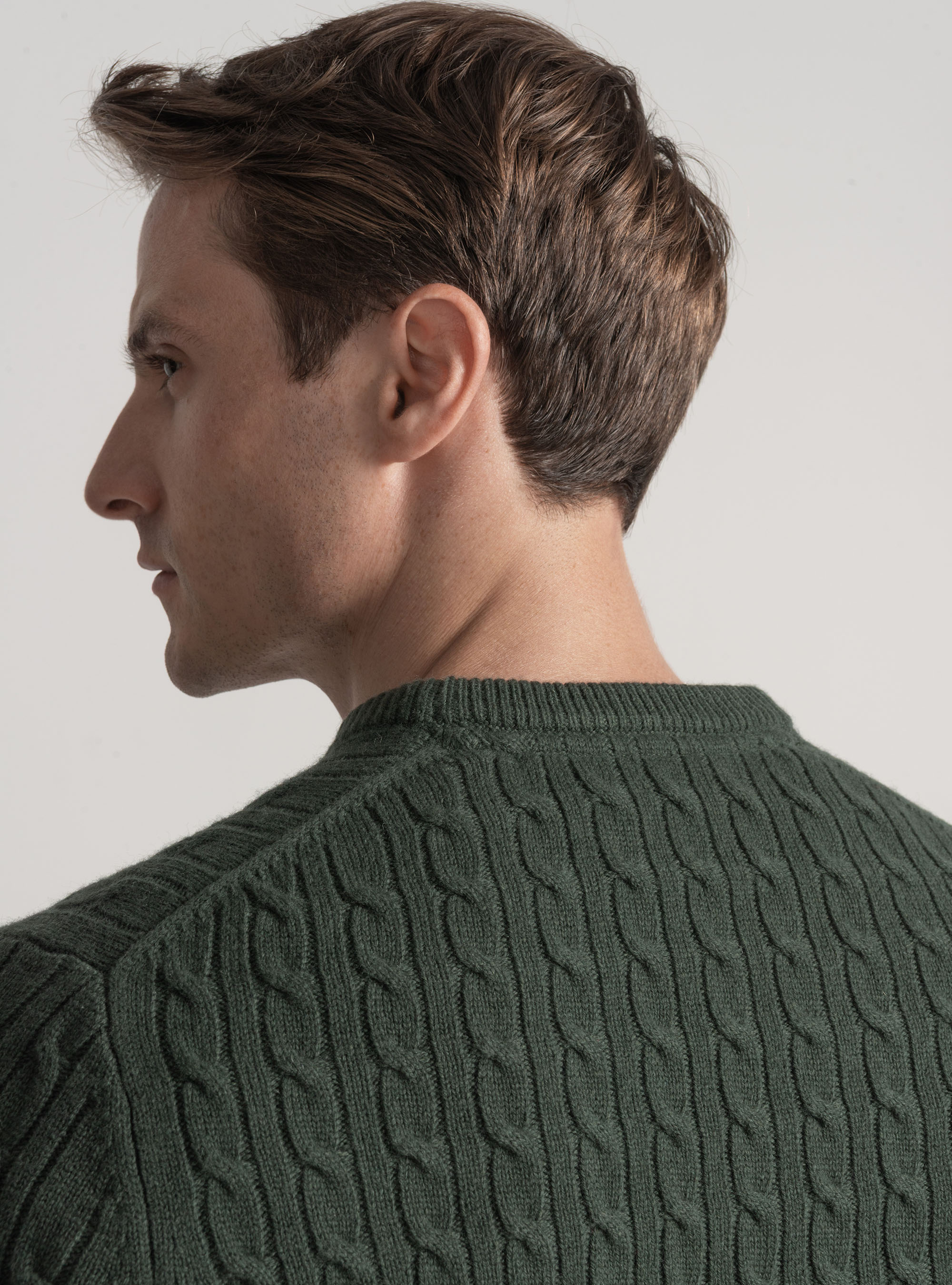 Maglia girocollo con treccia in lana e cashmere, MILITARE 0609C