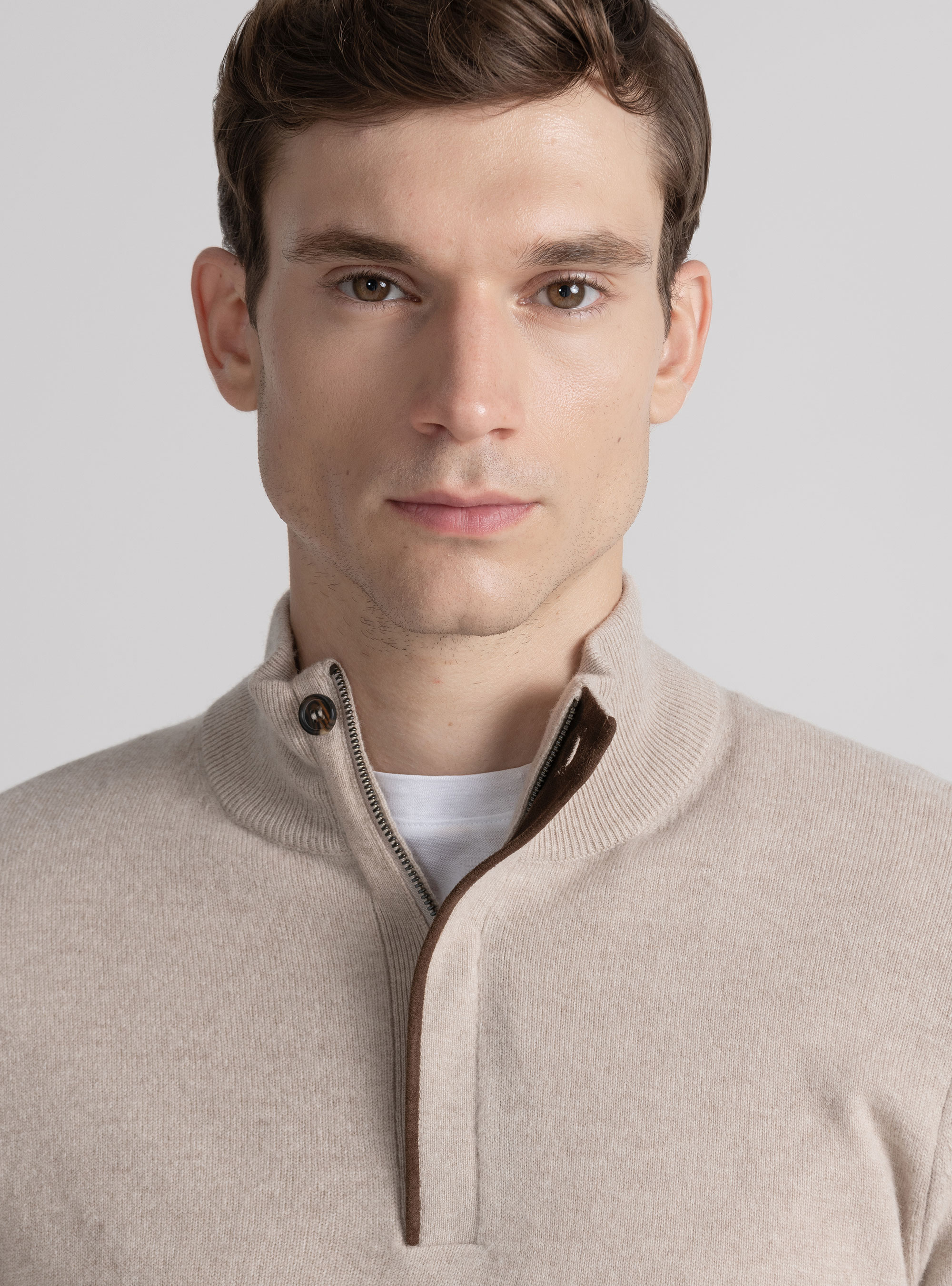 Maglia mezza zip in lana lambswool e cashmere, ECRU