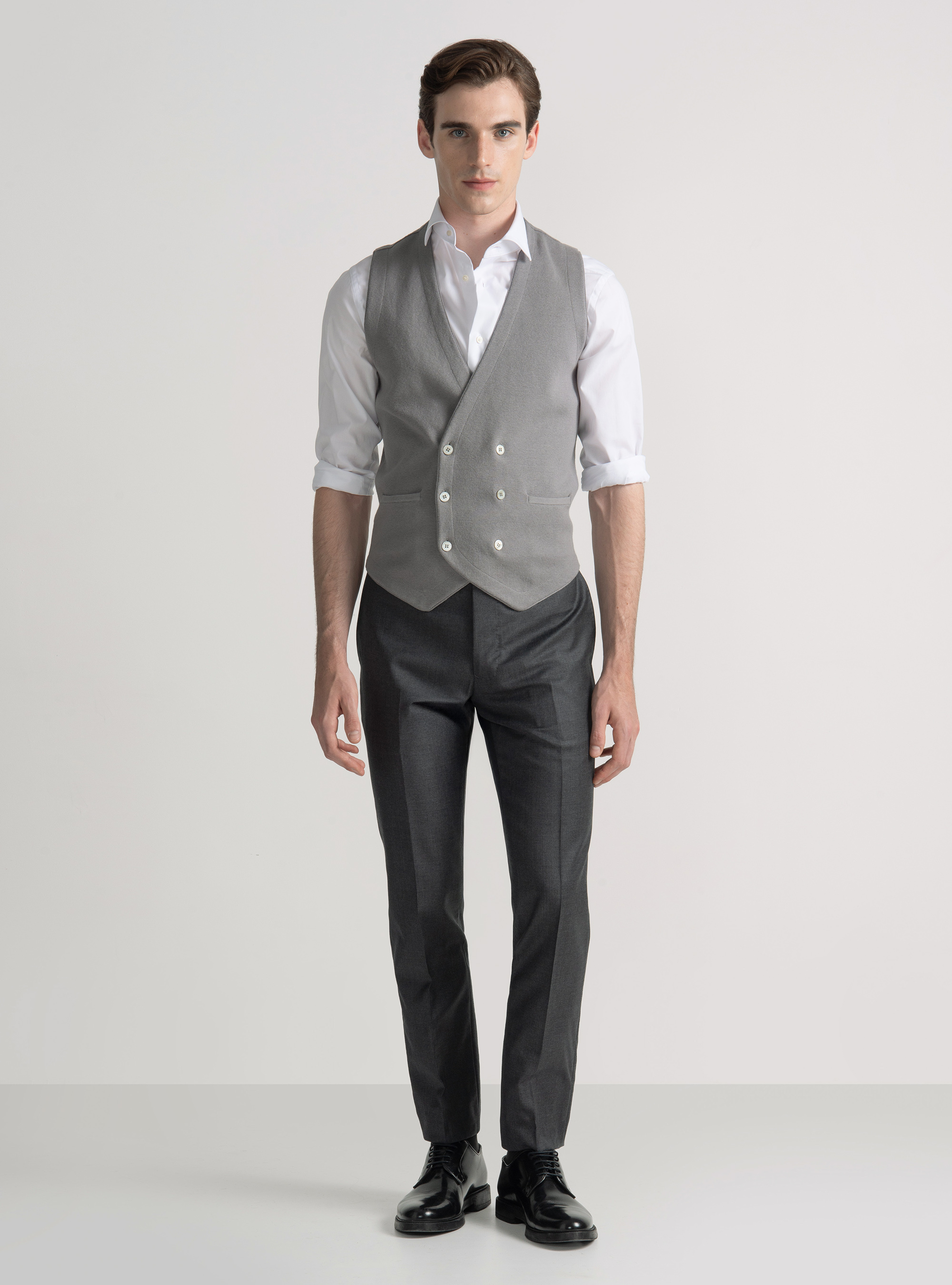 Double-breasted cotton and cashmere knit gilet, GREY