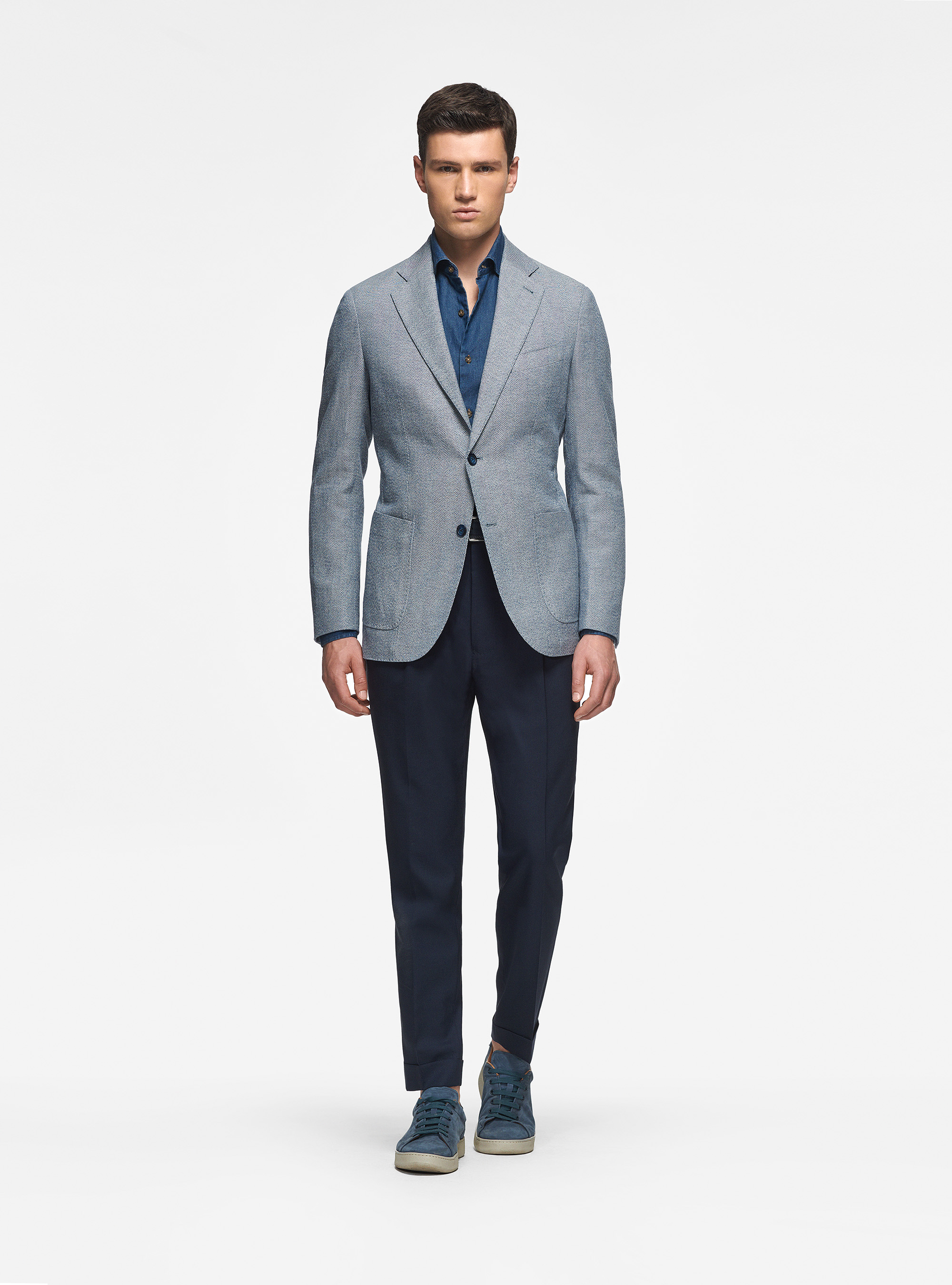 Giacca in cotone e lino spigato, BLU NAVY