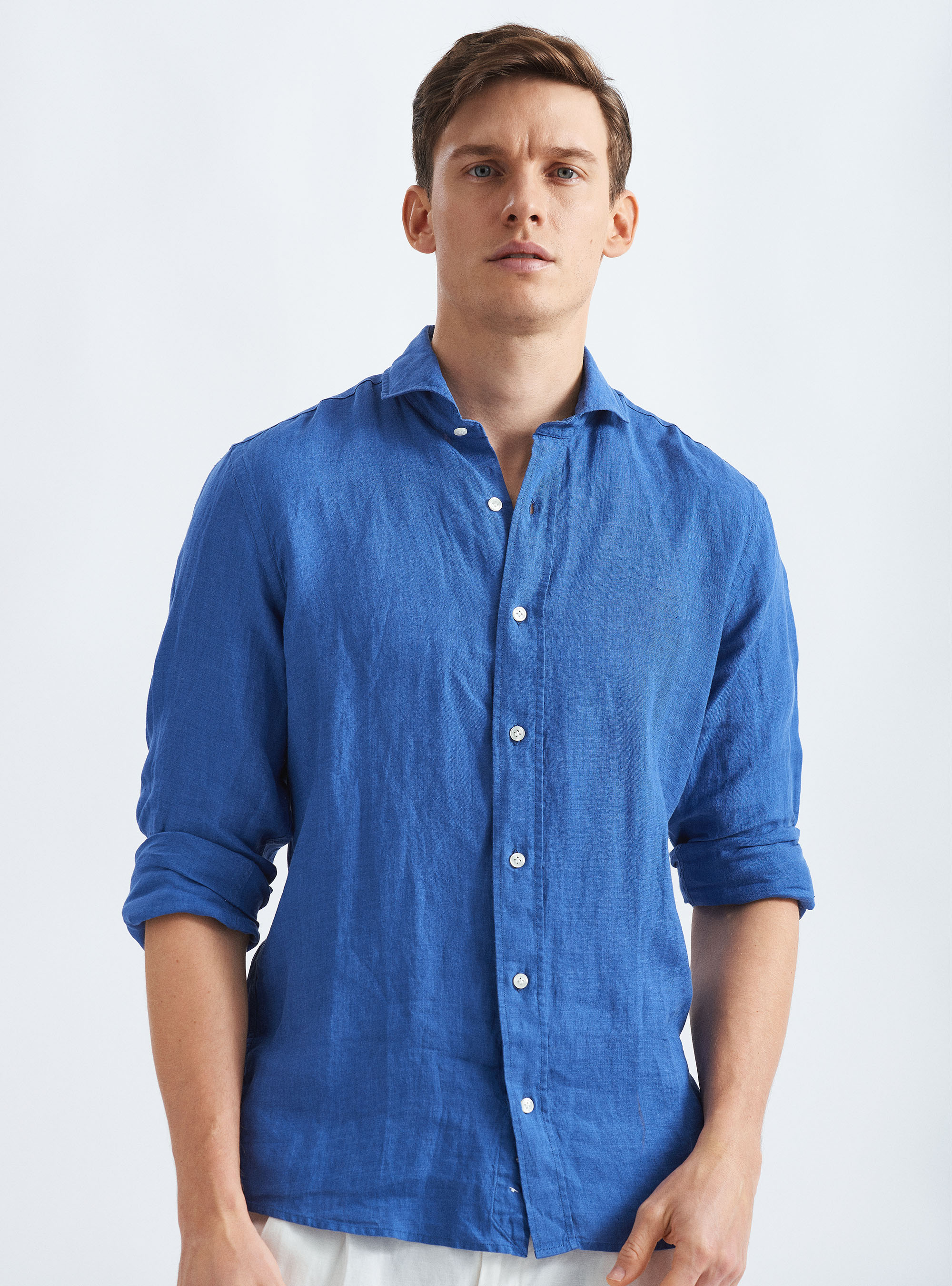 Camicia collo francese in lino, BLU