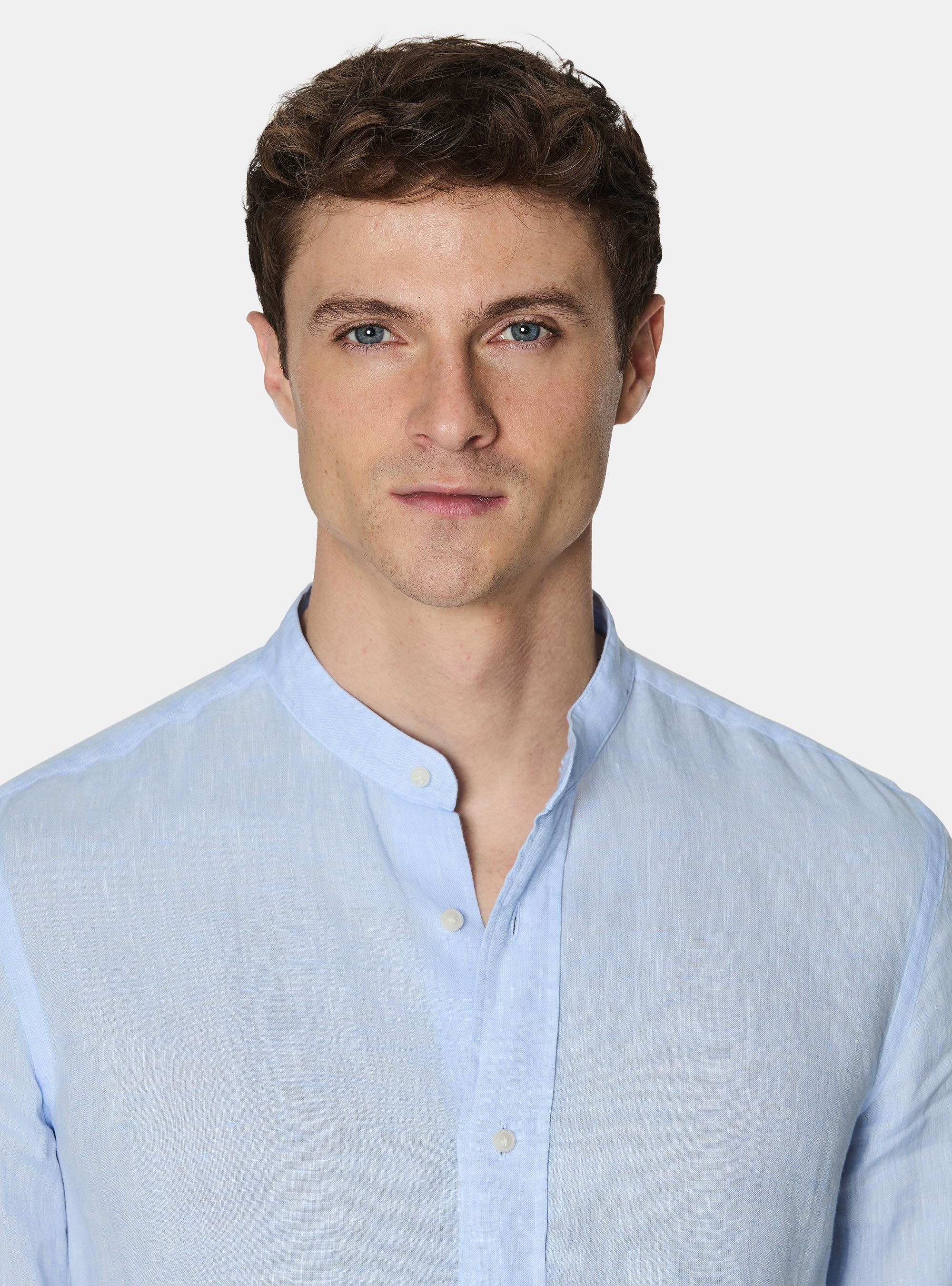 Camicia coreana in puro lino, AZZURRO