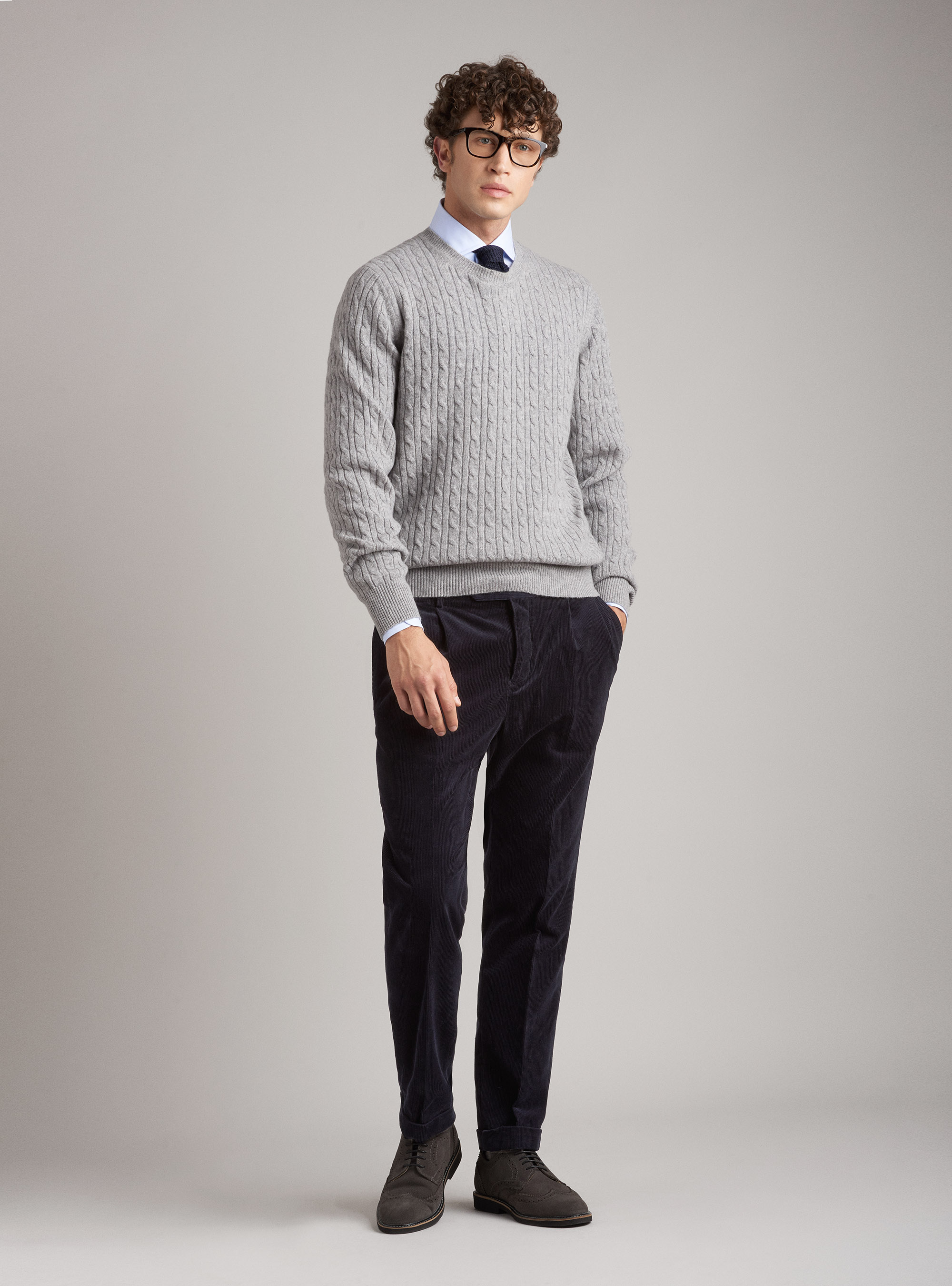 Crew-neck wool lambswool and cashmere sweater with braids, LIGHT GREY MELANGE