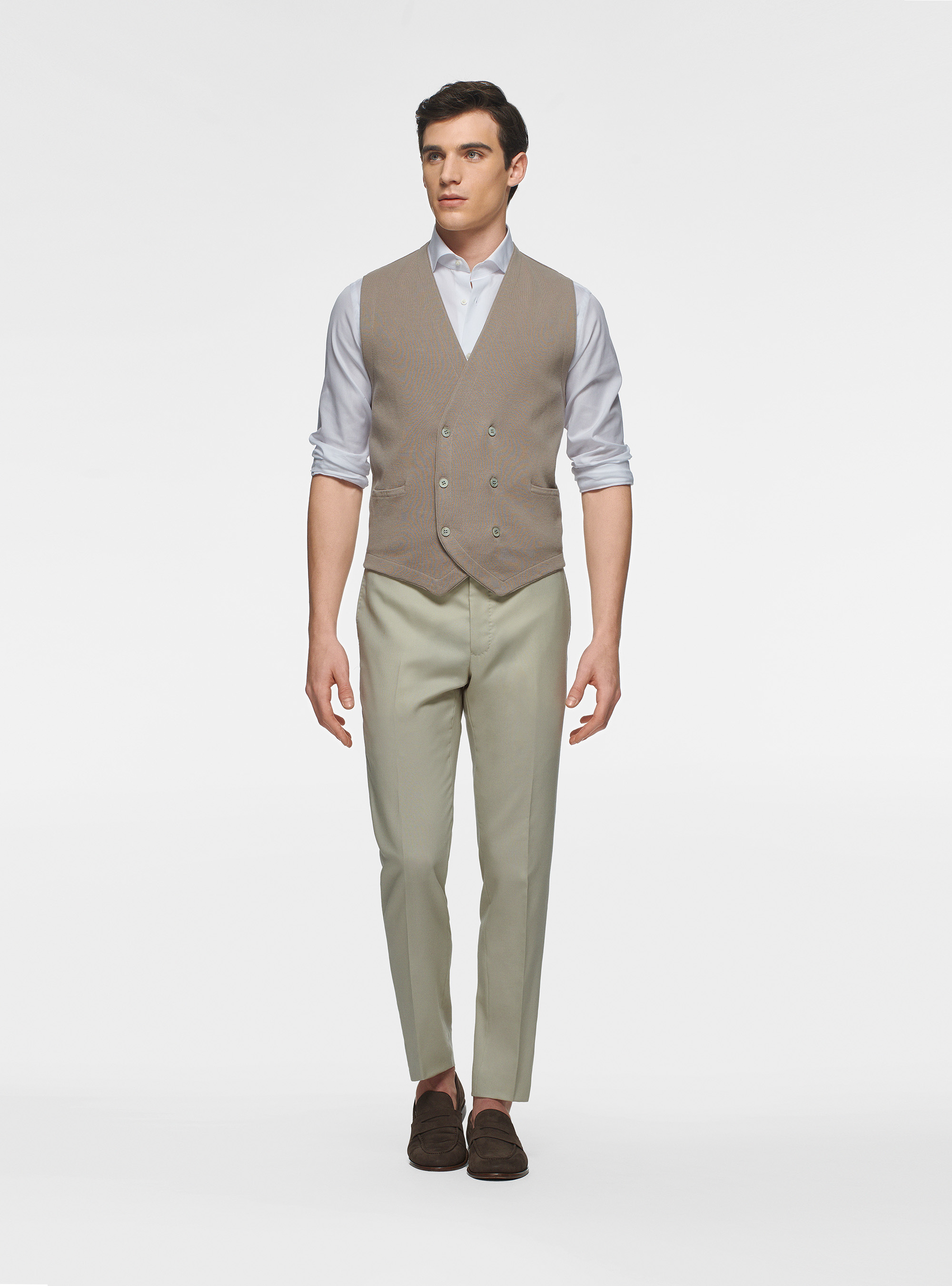 Gilet doppiopetto in maglia di cotone, SABBIA