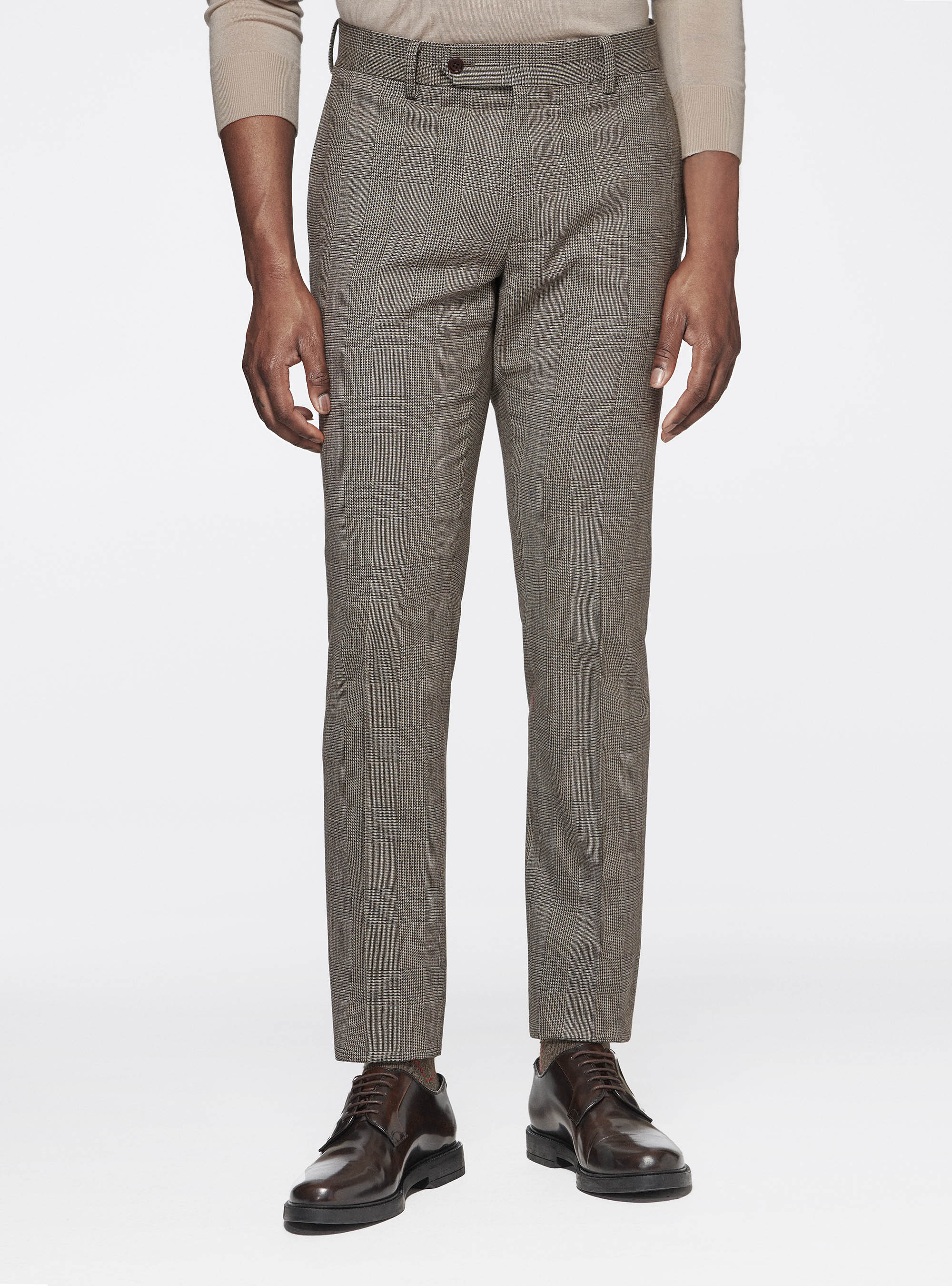 Pantaloni Principe di Galles in lana e cashmere, MARRONE