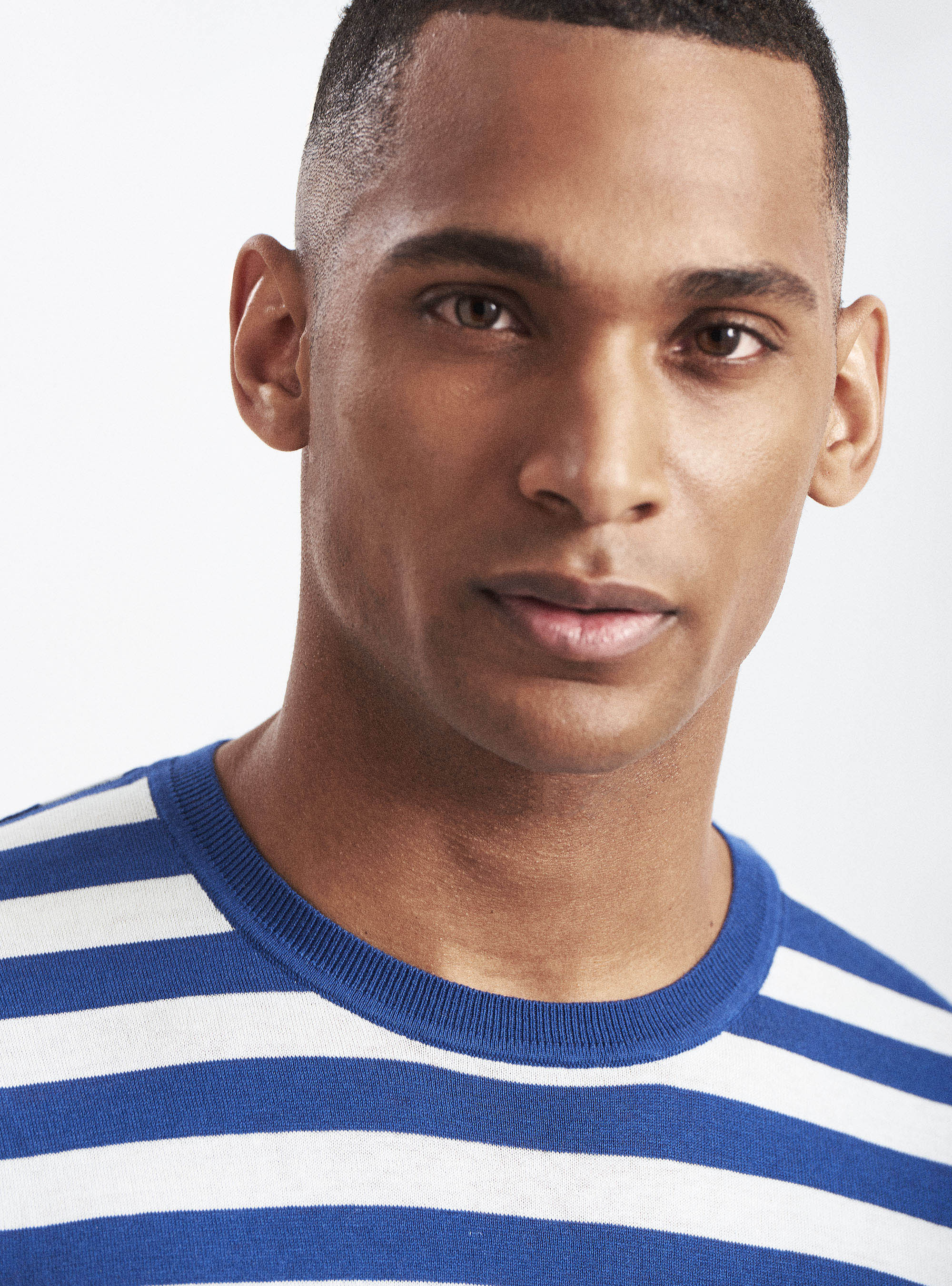 Jersey de seda y algod&oacute;n a rayas con cuello redondo, AZUL MEDIO