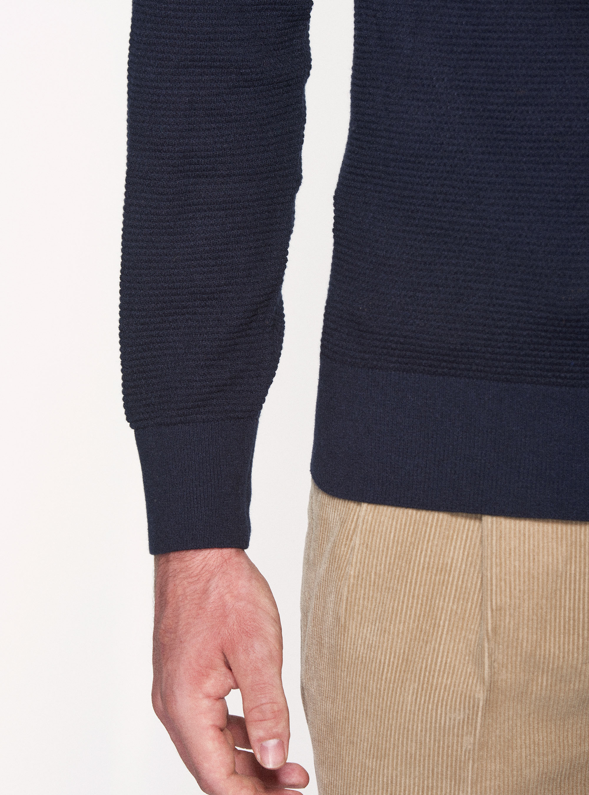 Maglia mezza zip in cotone cashmere punto riso, BLU NAVY