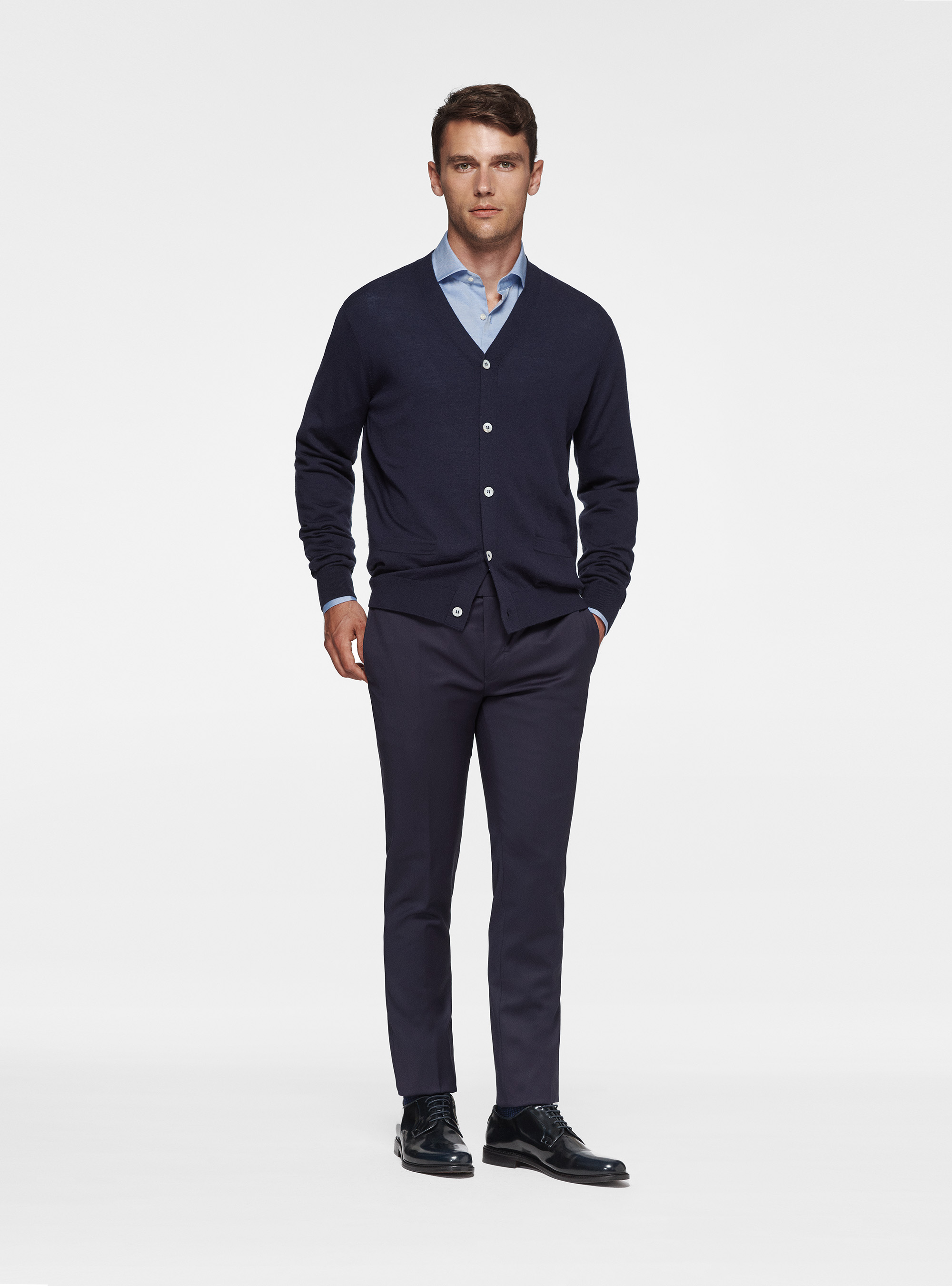 Knitted cardigan in pure merino wool, NAVY BLUE