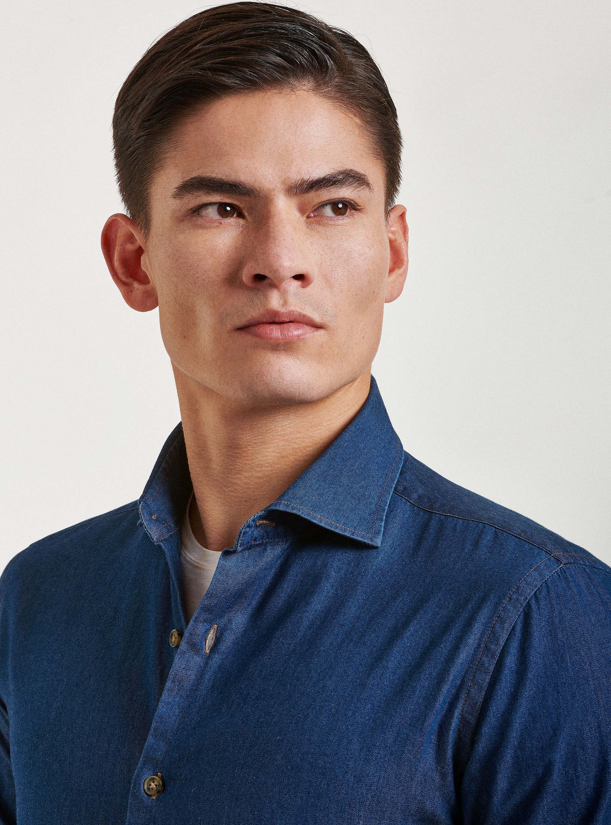 Camicia denim in cotone chambray, BLU NAVY