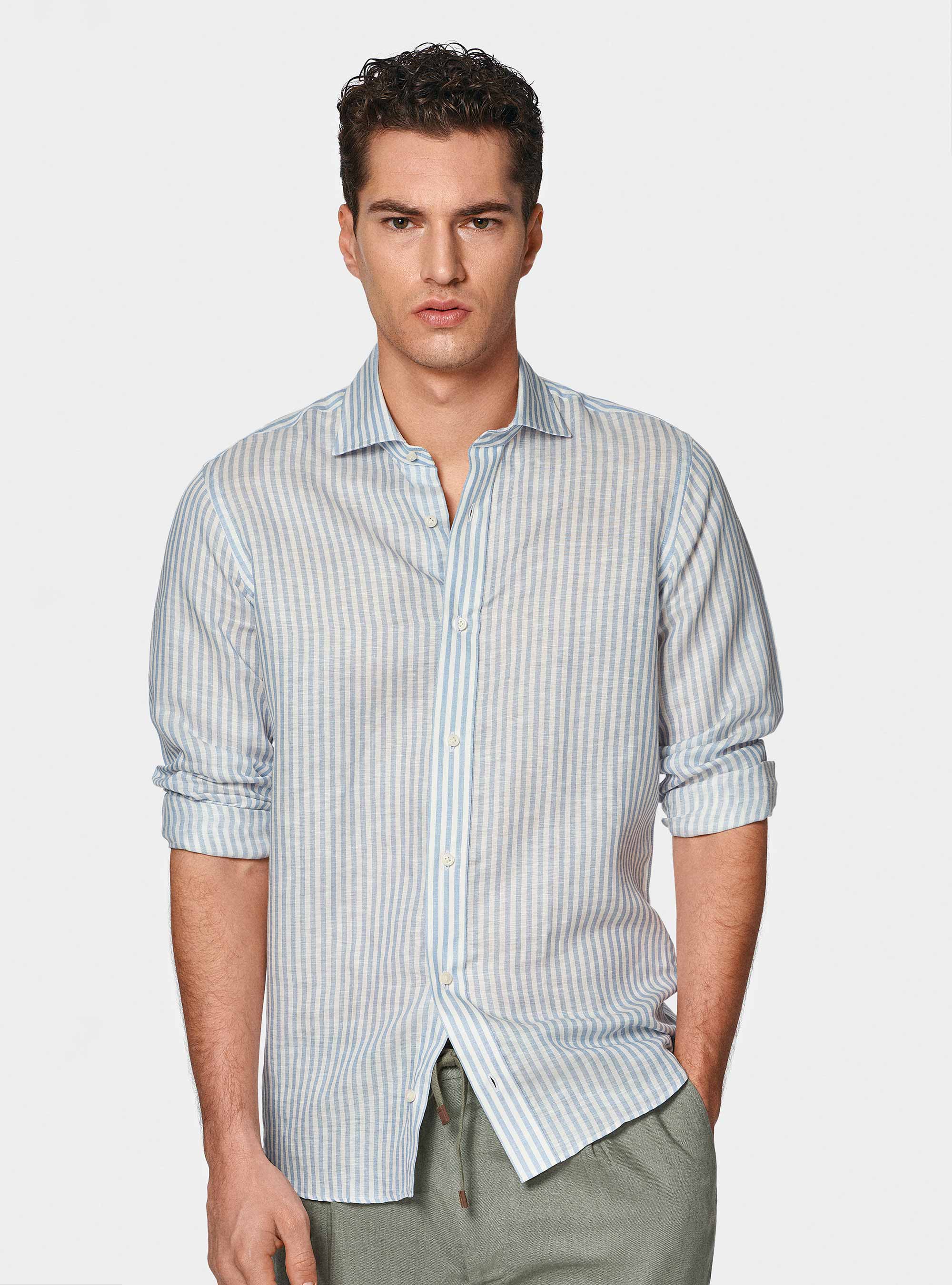 Camisa de rayas en mezcla de lino, CELESTE