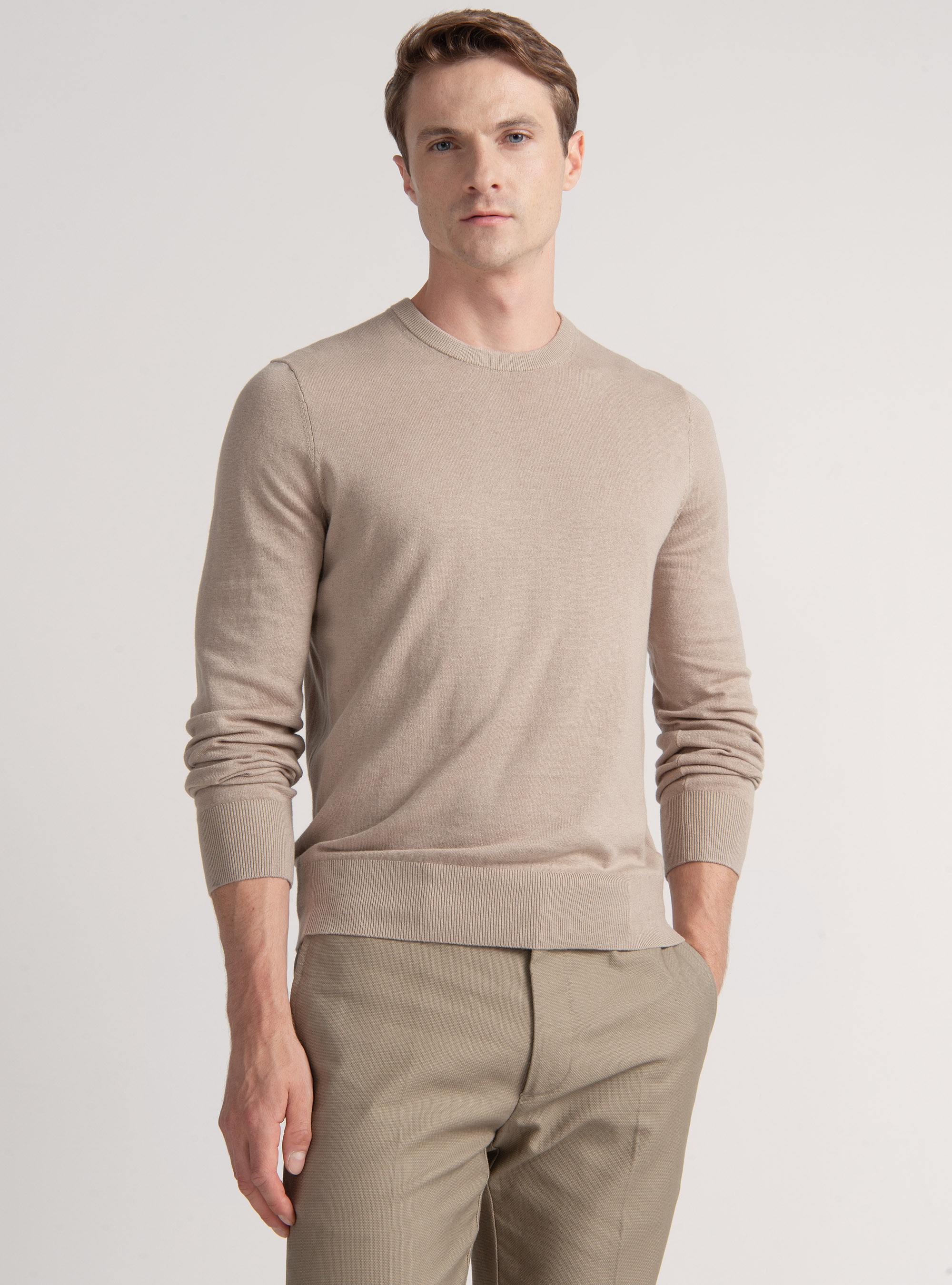 Maglia girocollo in cotone seta e cashmere, SABBIA
