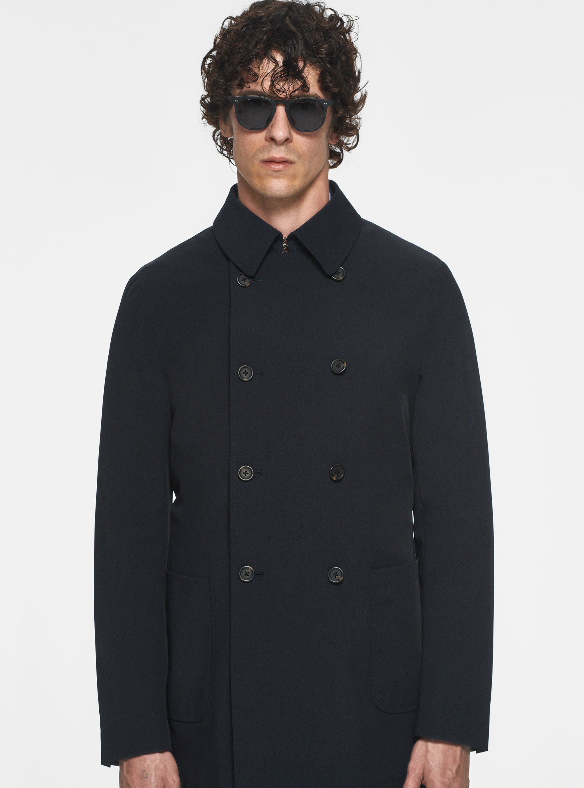 Impermeabile doppiopetto in tessuto tecnico, BLU NAVY