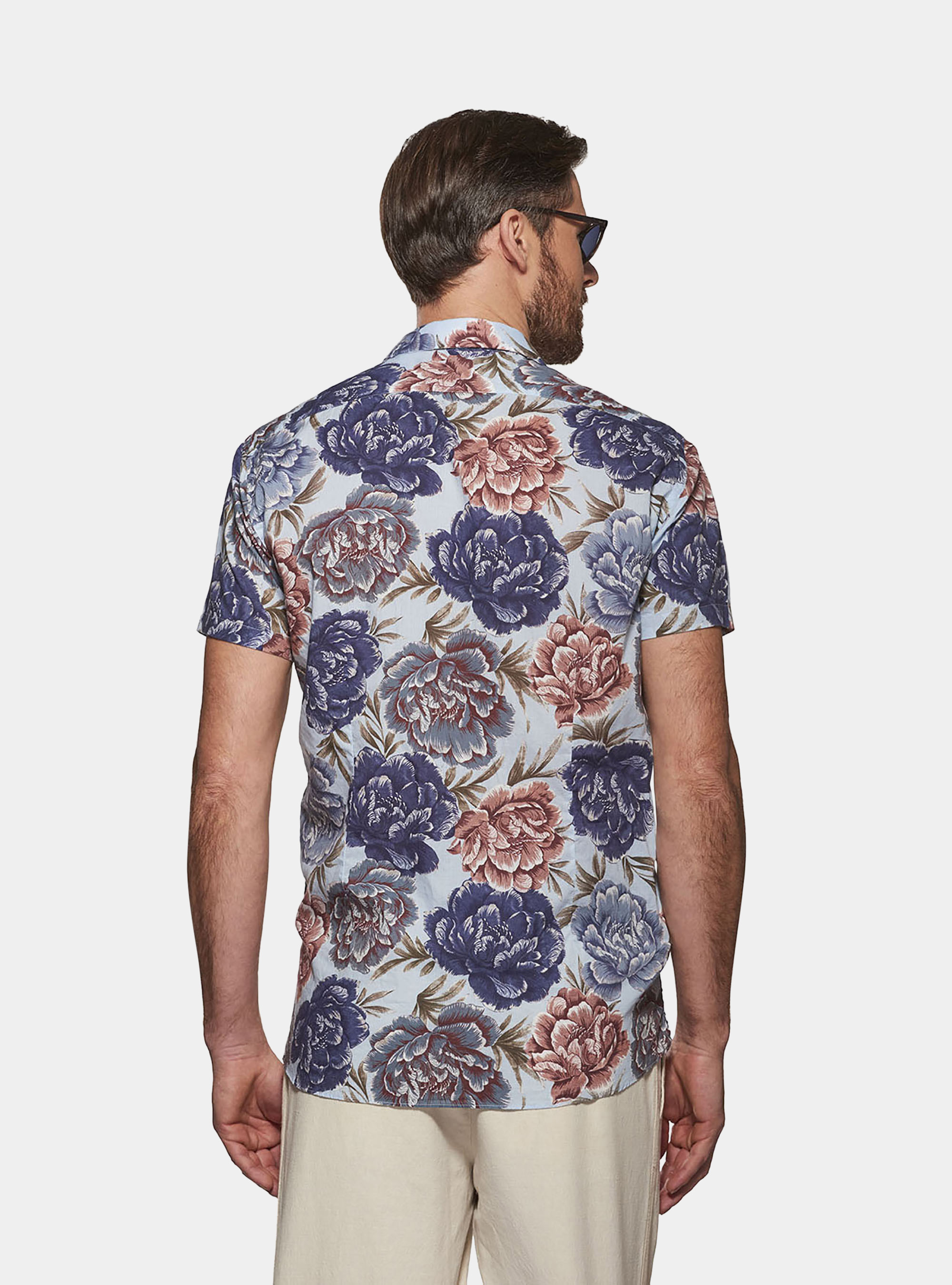 Camicia collo bowling in cotone stampato, MULTICOLORE