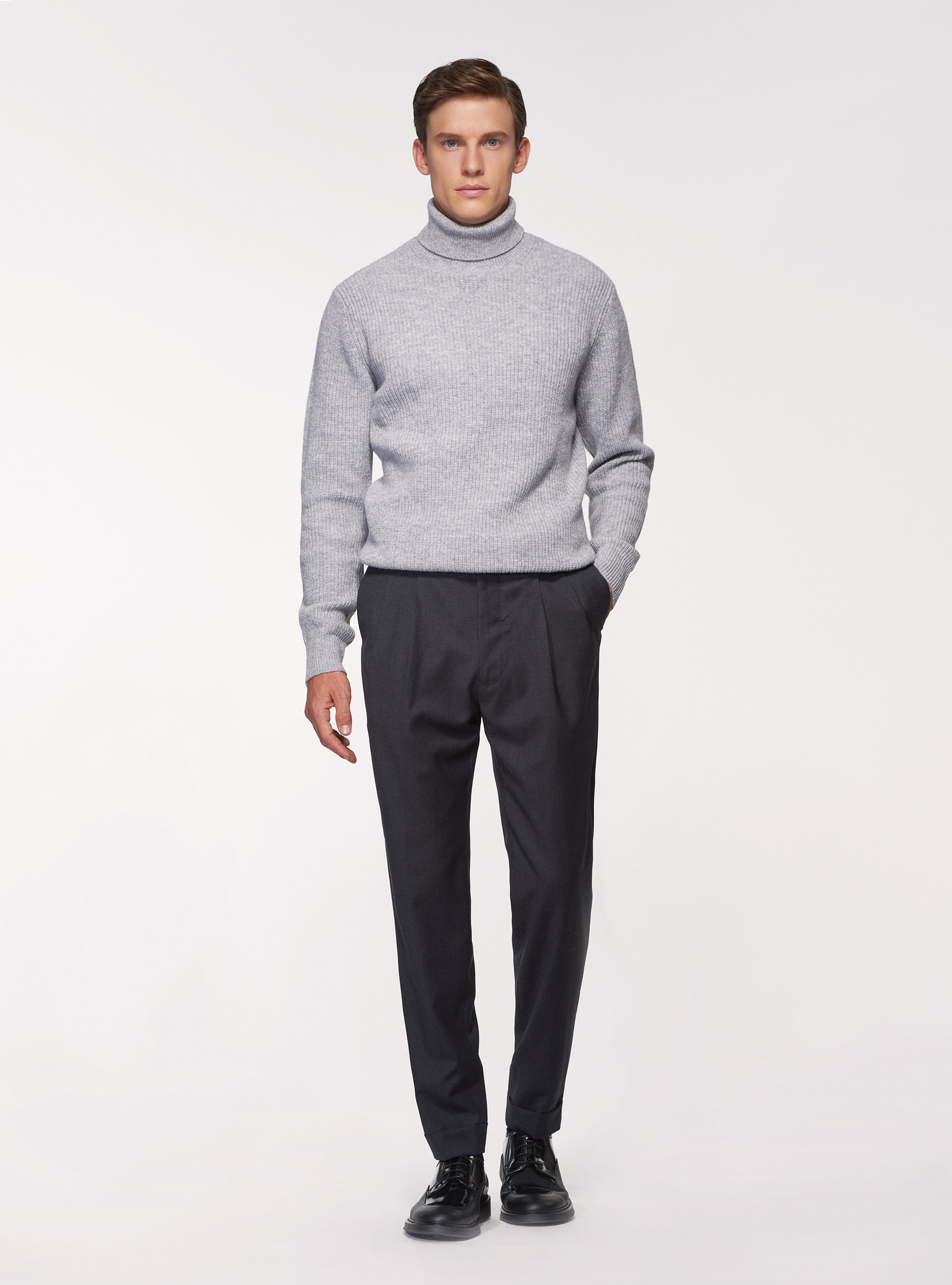 Maglia collo alto di lana lambswool in costa perlata, GRIGIO MELANGE 0151C