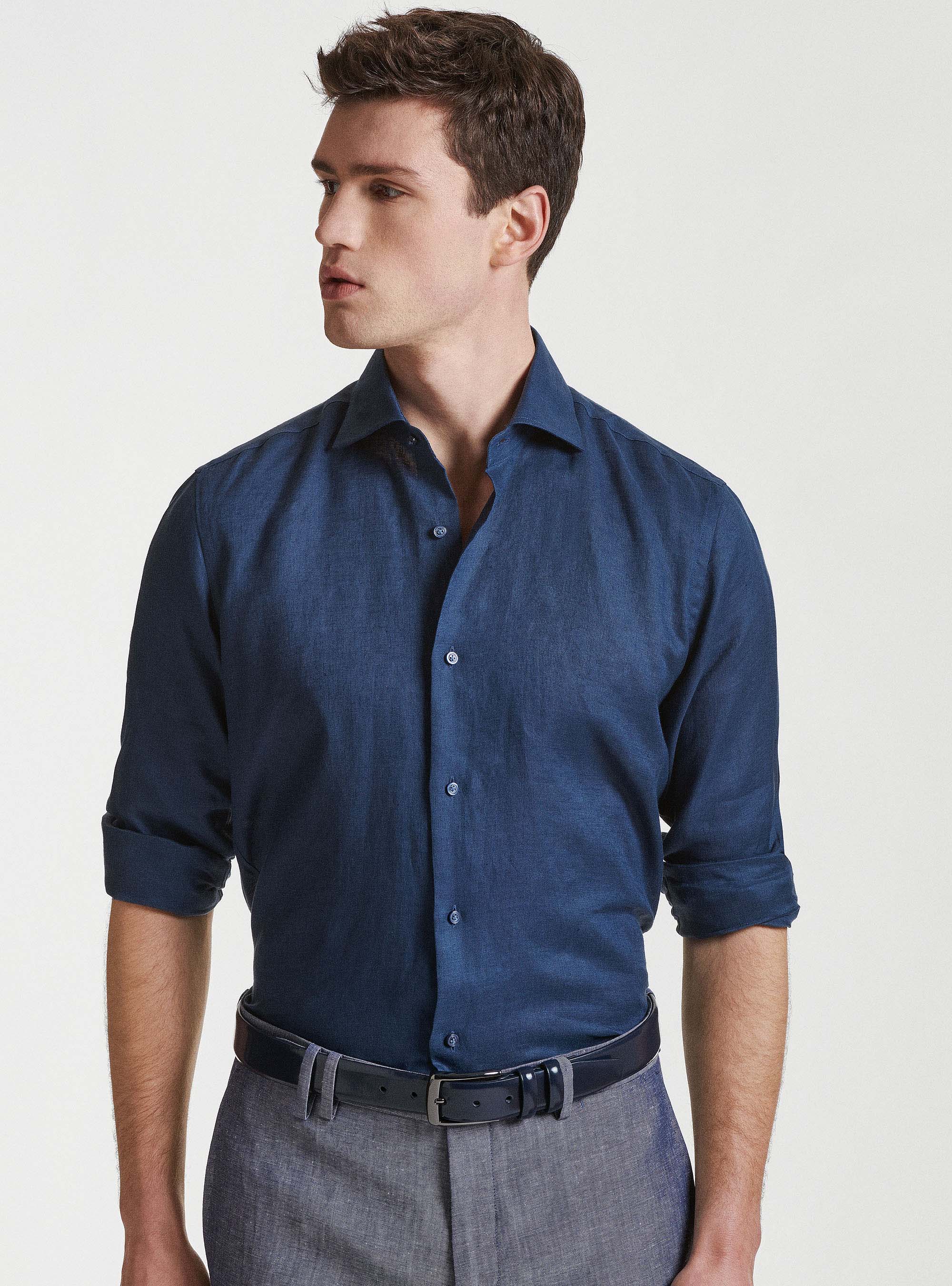 Gutteridge - Camicia in puro lino con collo semi francese, Unisex, Blu Navy, Taglia: 40