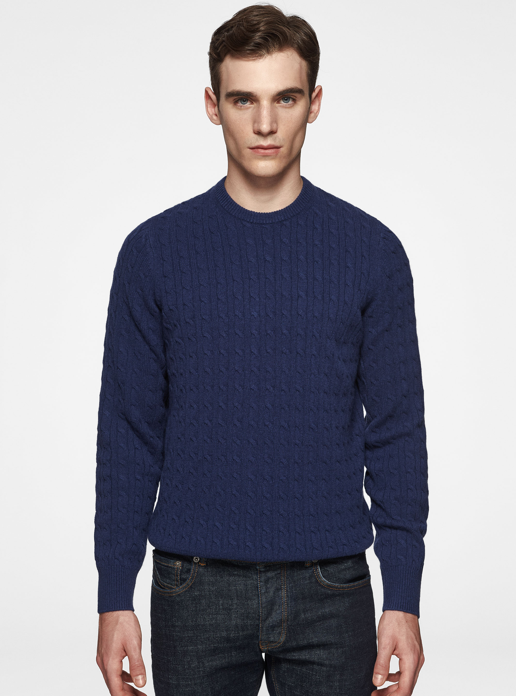 Maglia girocollo con treccia in lana e cashmere, INCHIOSTRO