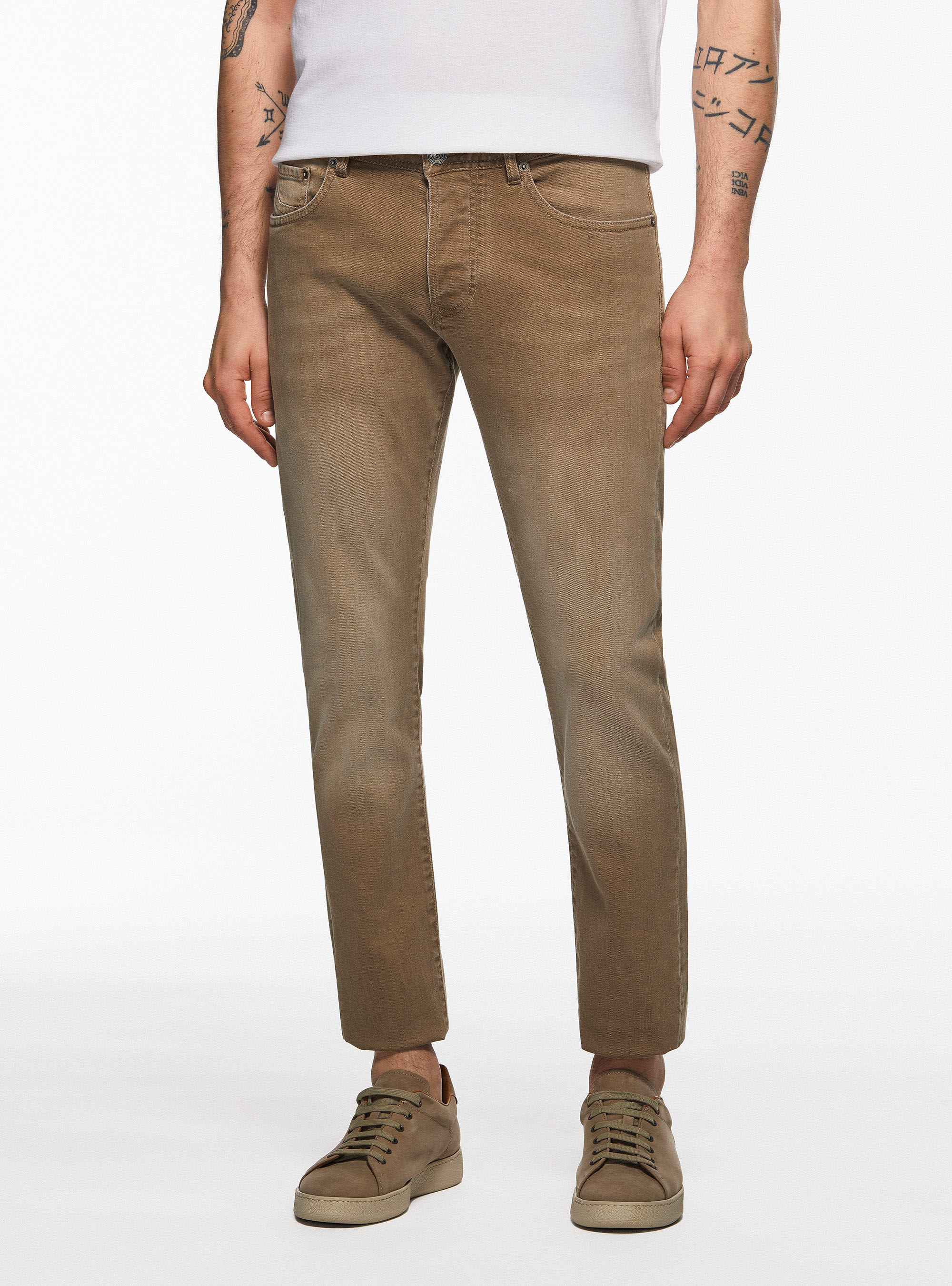 Coloured stretch cotton trousers, SAND