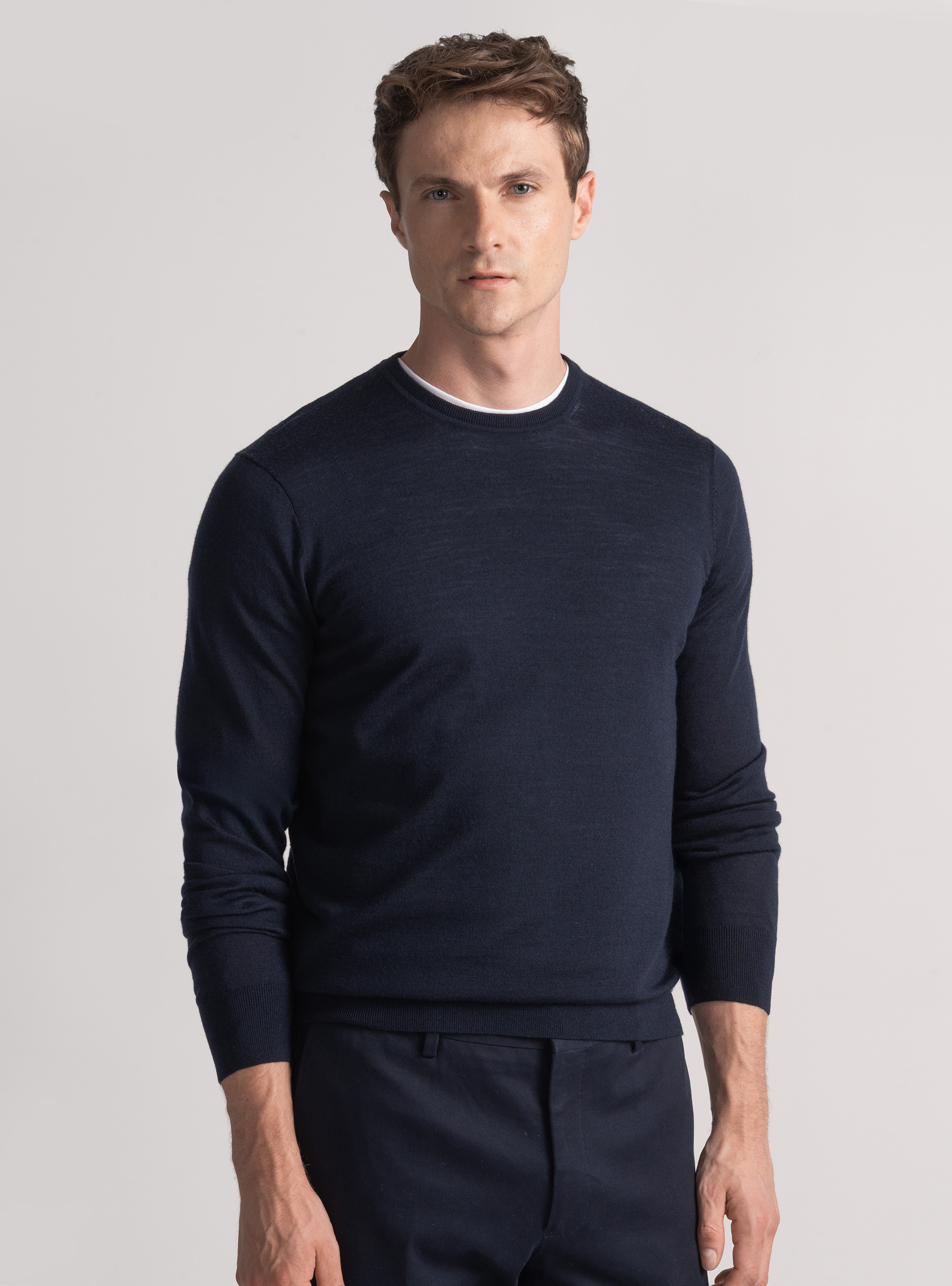 Punto de cuello redondo de pura lana merina extrafina, AZUL MARINO