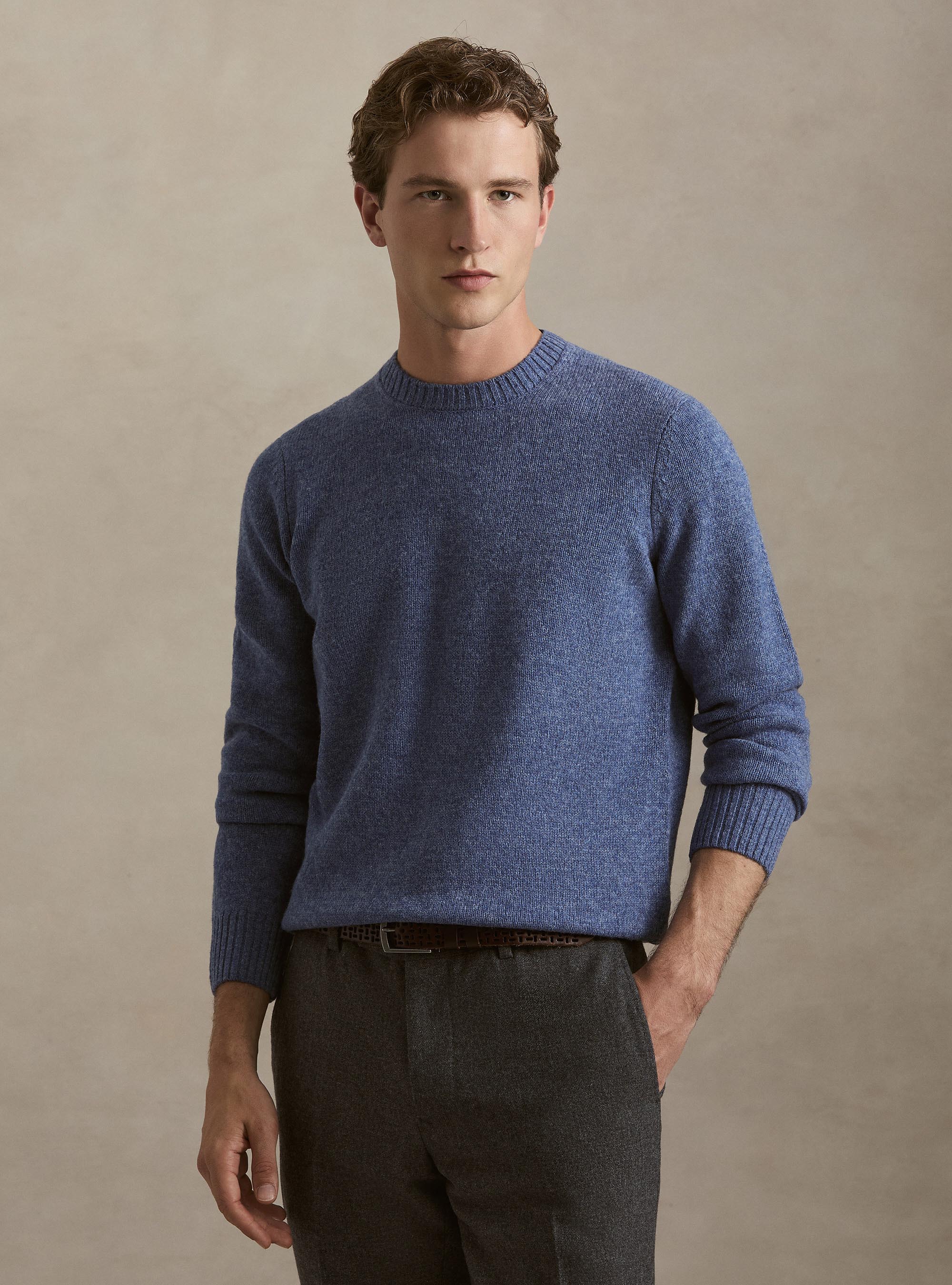 Pure Shetland wool crewneck sweater, 0243C DENIM