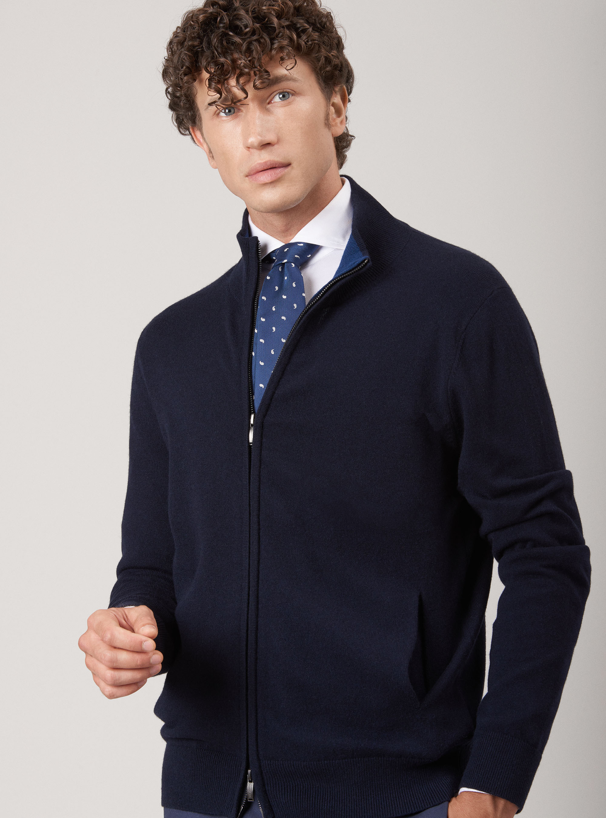 Cardigan full zip in lana cashmere, BLU NAVY