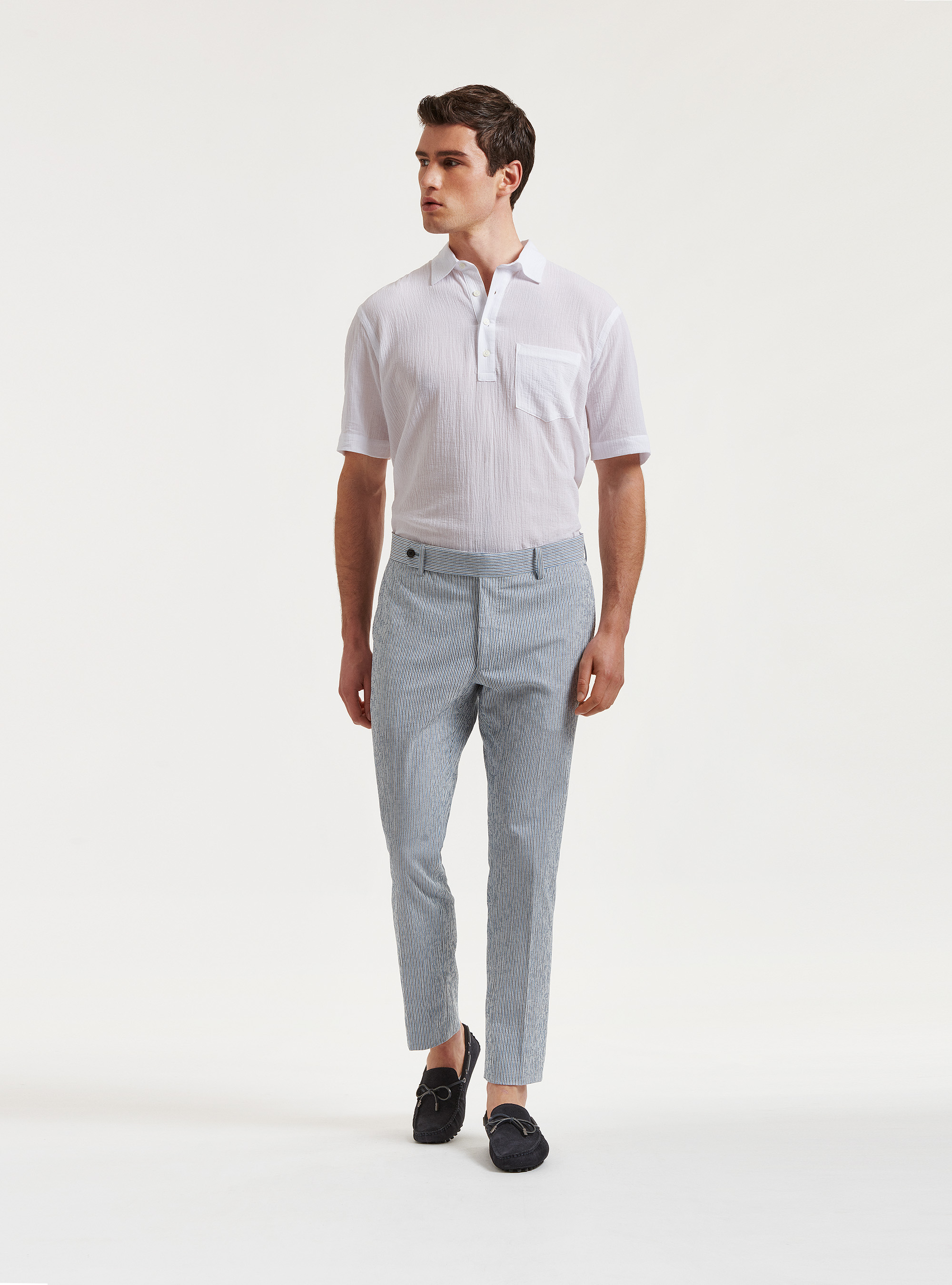 Pantaloni seersucker in cotone e lino rigato, AZZURRO