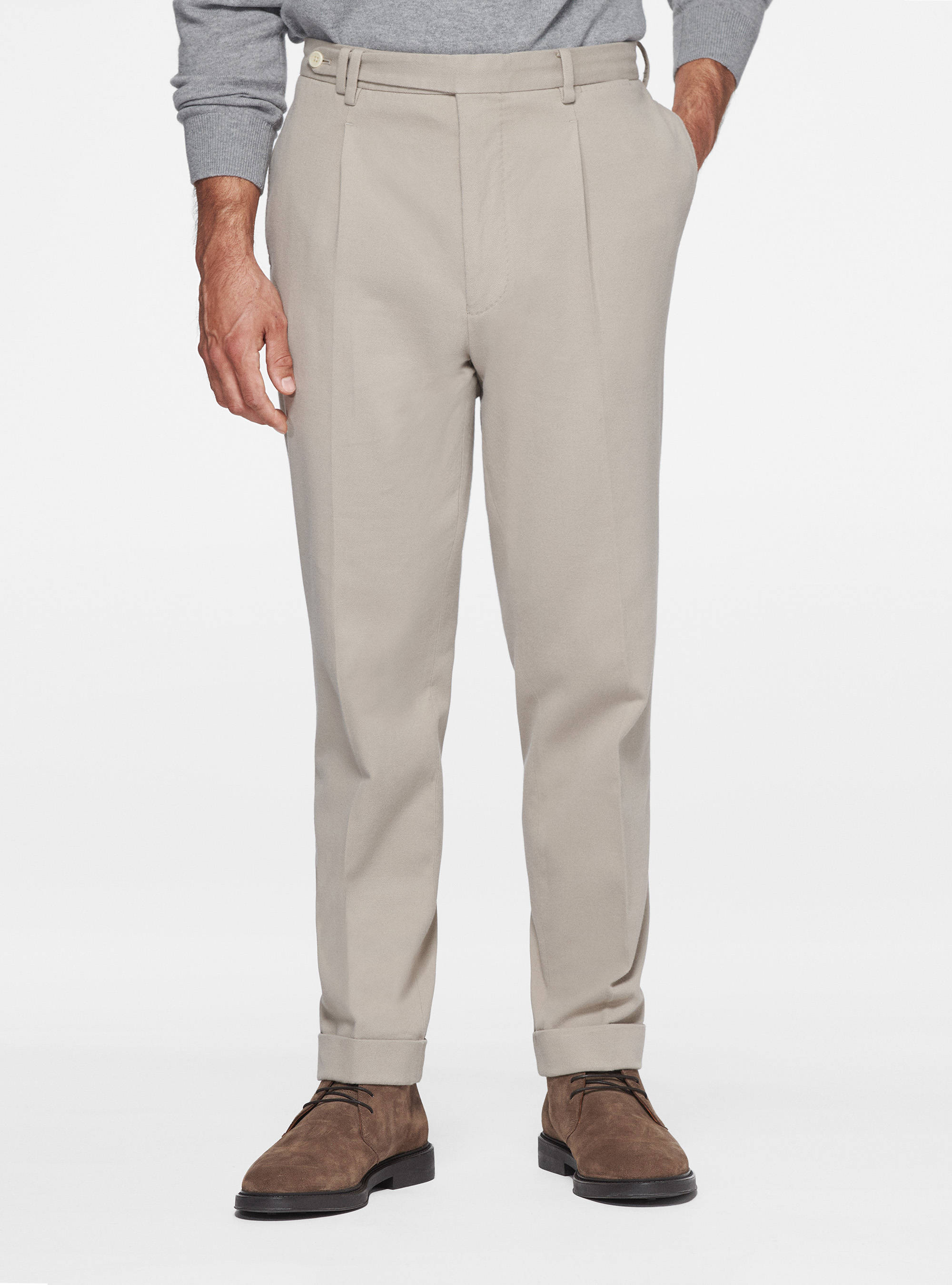 Pantaloni con pince in twill di cotone e cashmere, ECRU