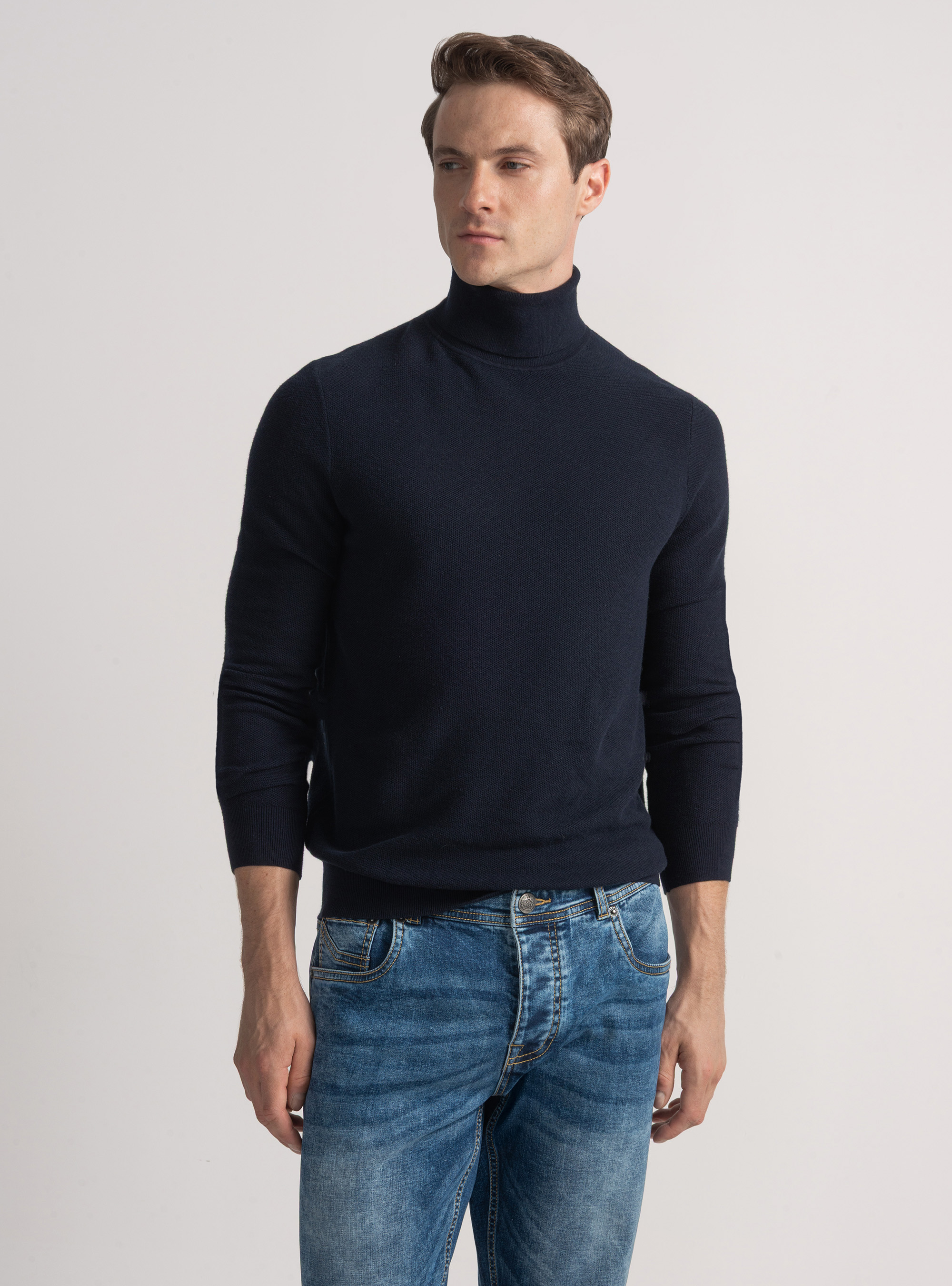 Cotton cashmere honeycomb turtleneck, NAVY BLUE