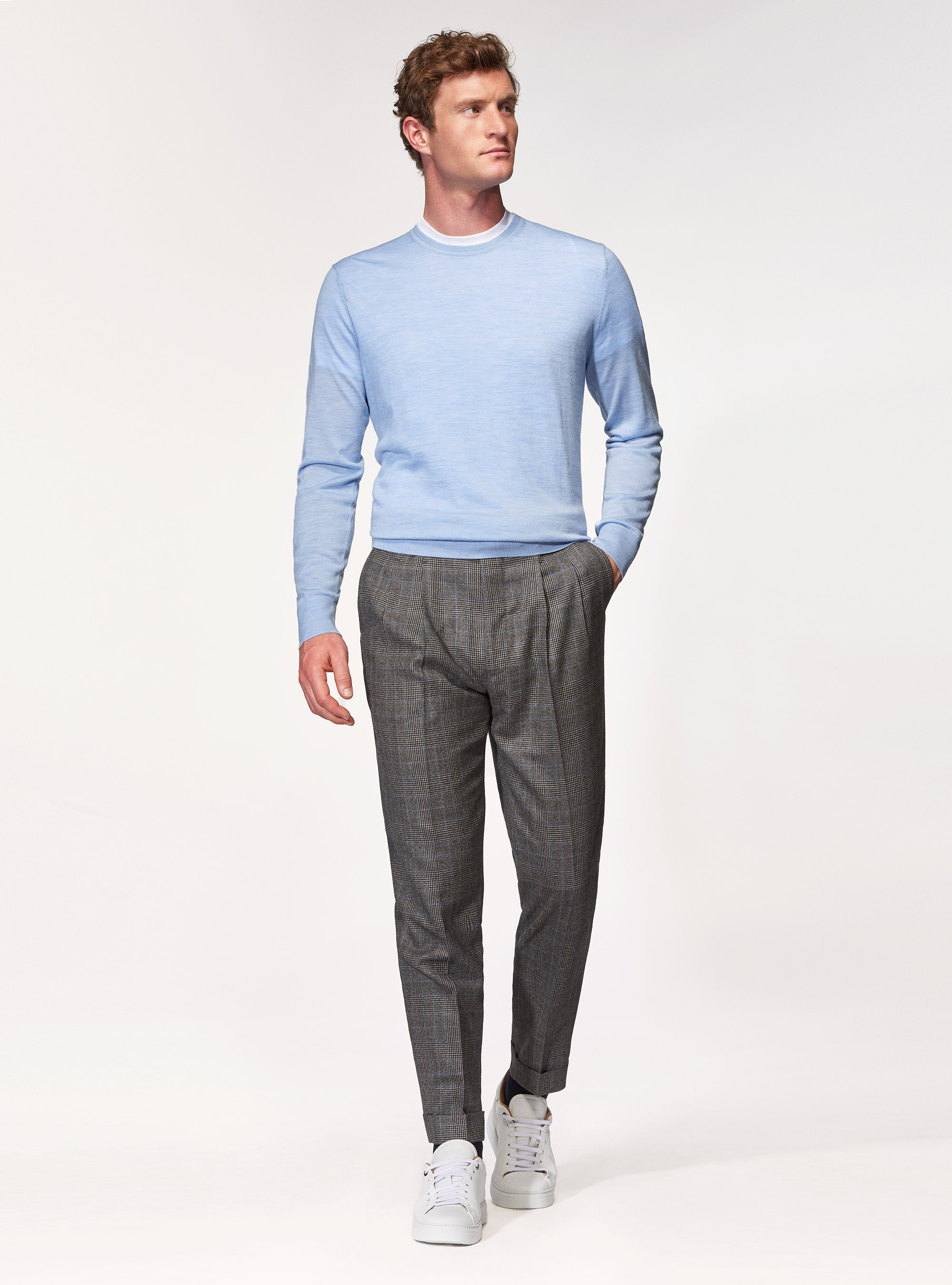 Maglia girocollo in pura lana merino extrafine, AZZURRO