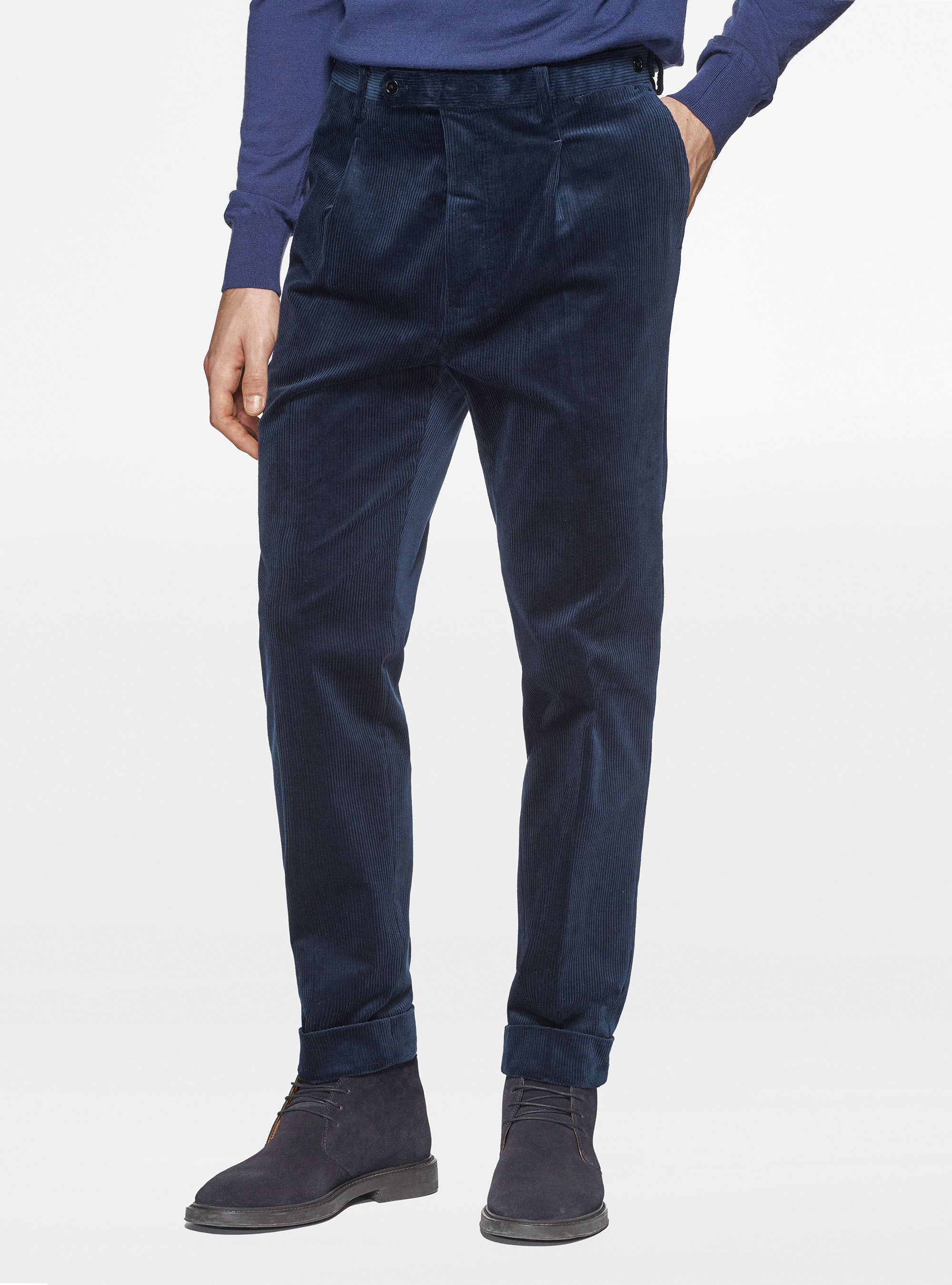 Pantaloni con pince in velluto Duca Visconti di Modrone, BLU NAVY