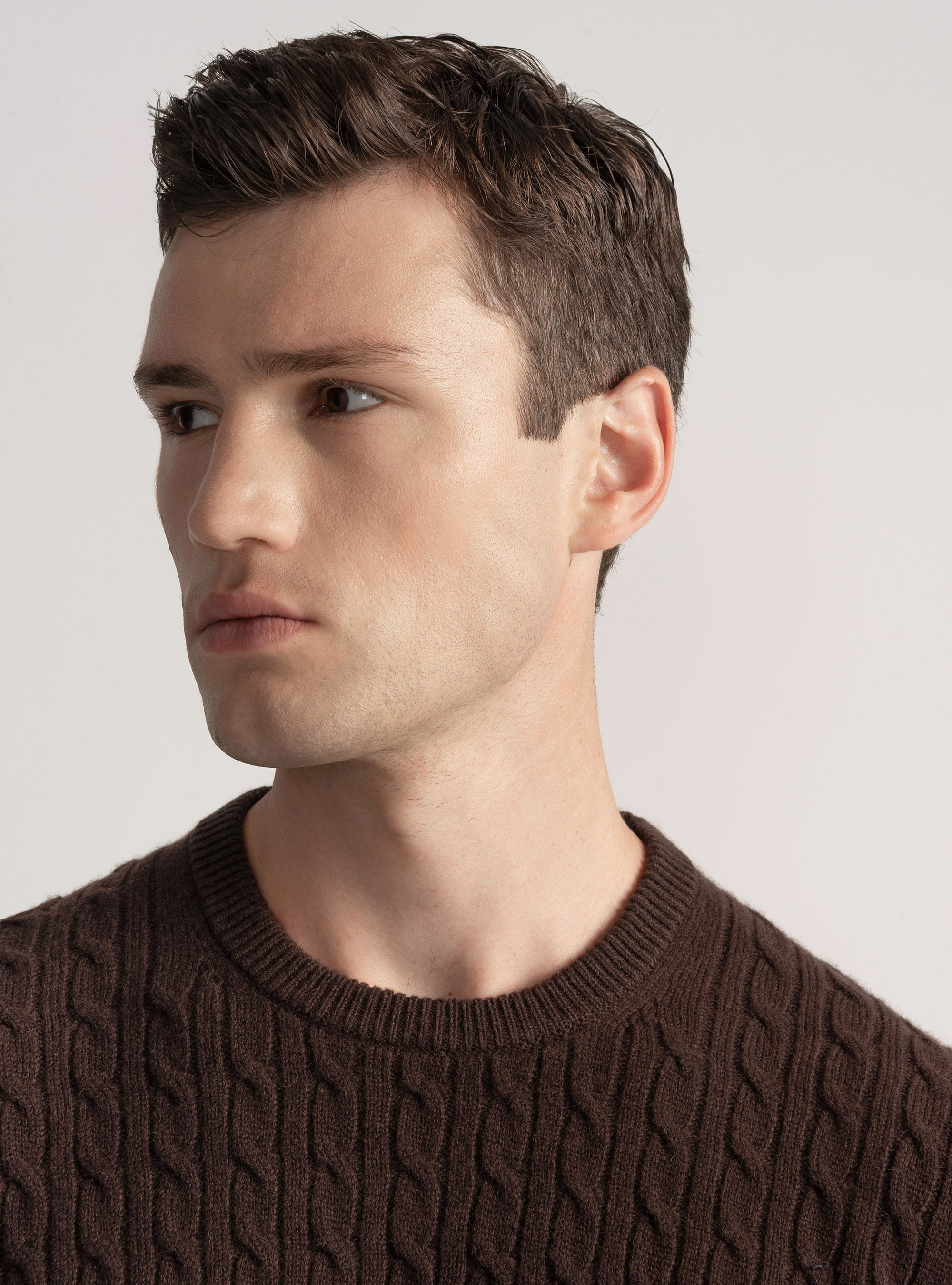 Crew-neck sweater with wool and cashmere braid, BROWN