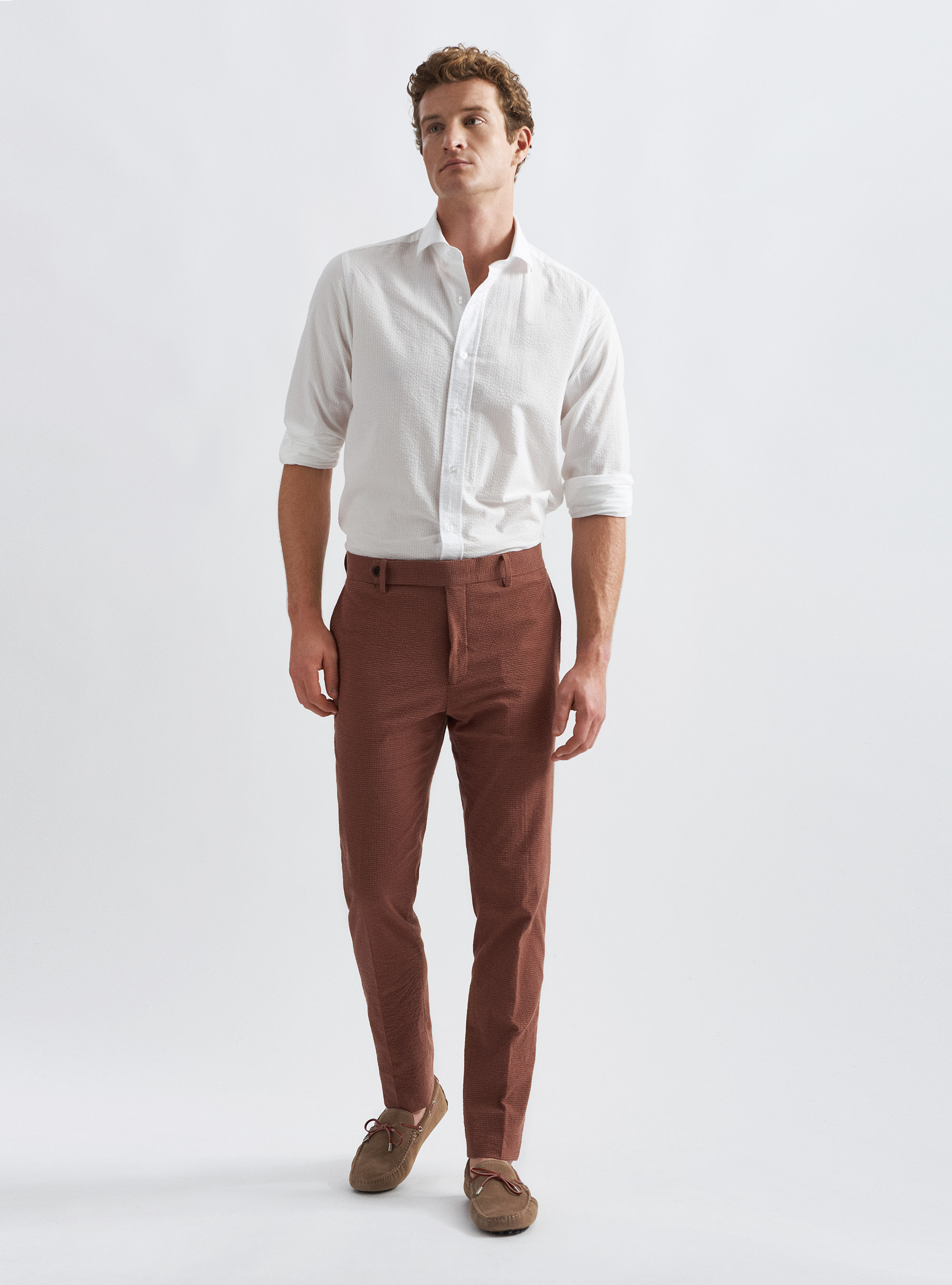 Pantaloni per abito in cotone seersucker, TABACCO