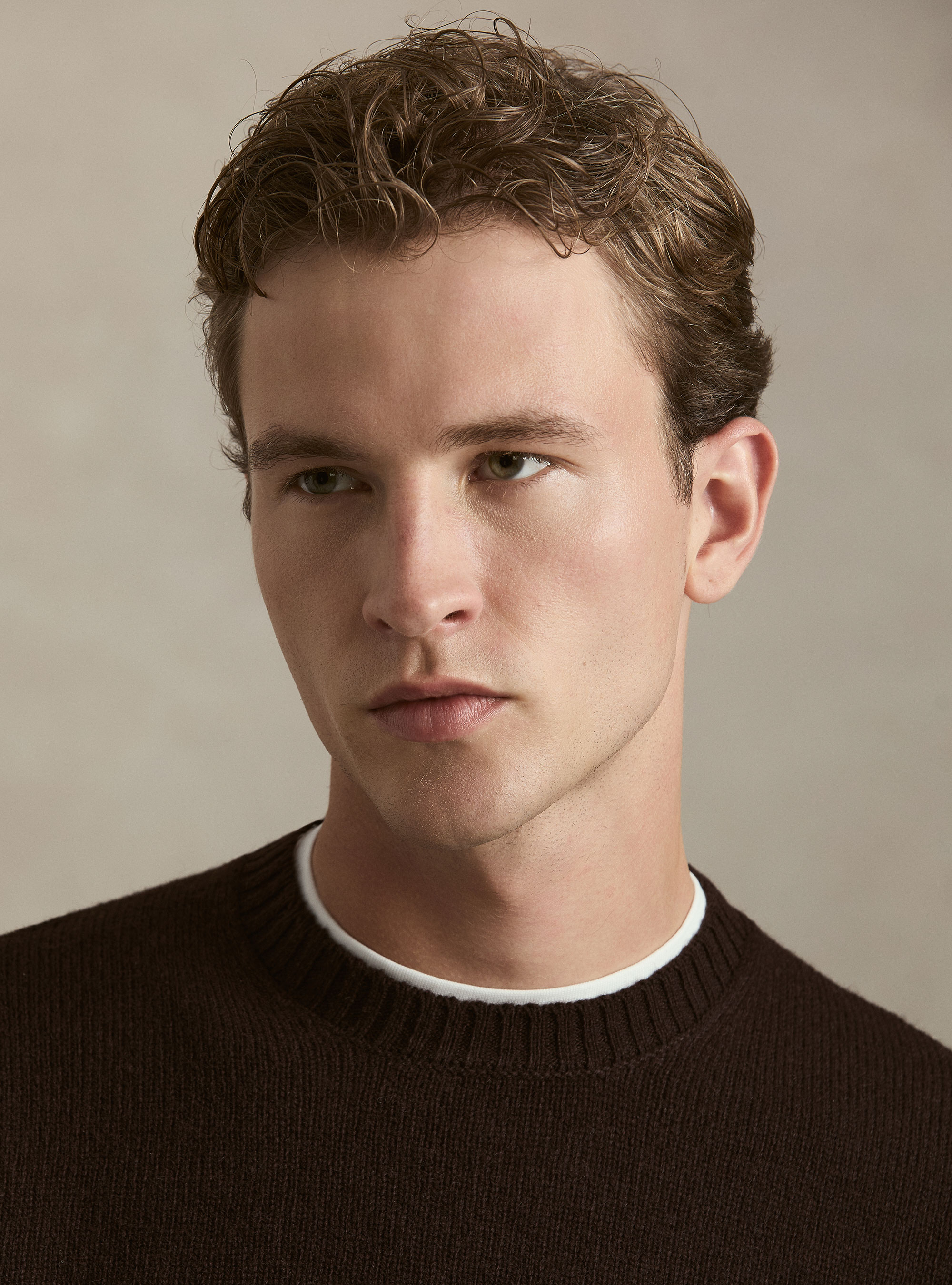 Pure Shetland wool crewneck sweater, BROWN