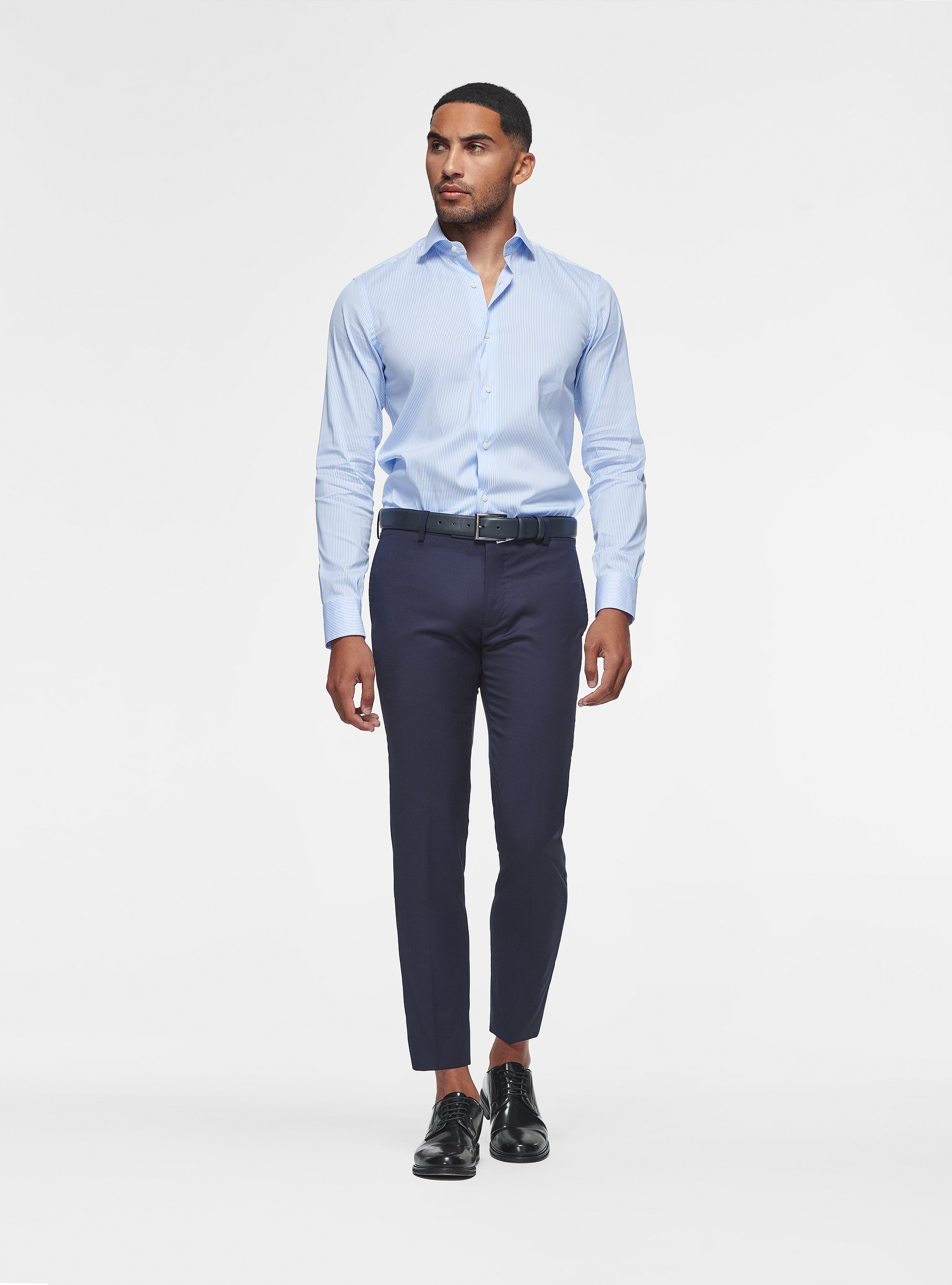 Camicia a righe popeline stretch, AZZURRO